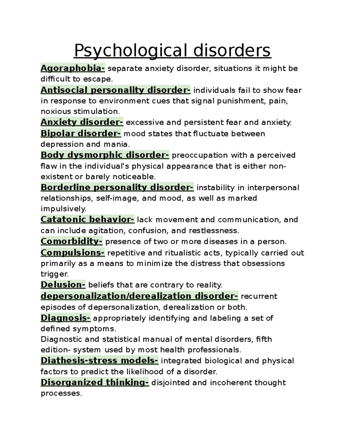 Psychology notes module 13 - Psychological disorders Agoraphobia ...