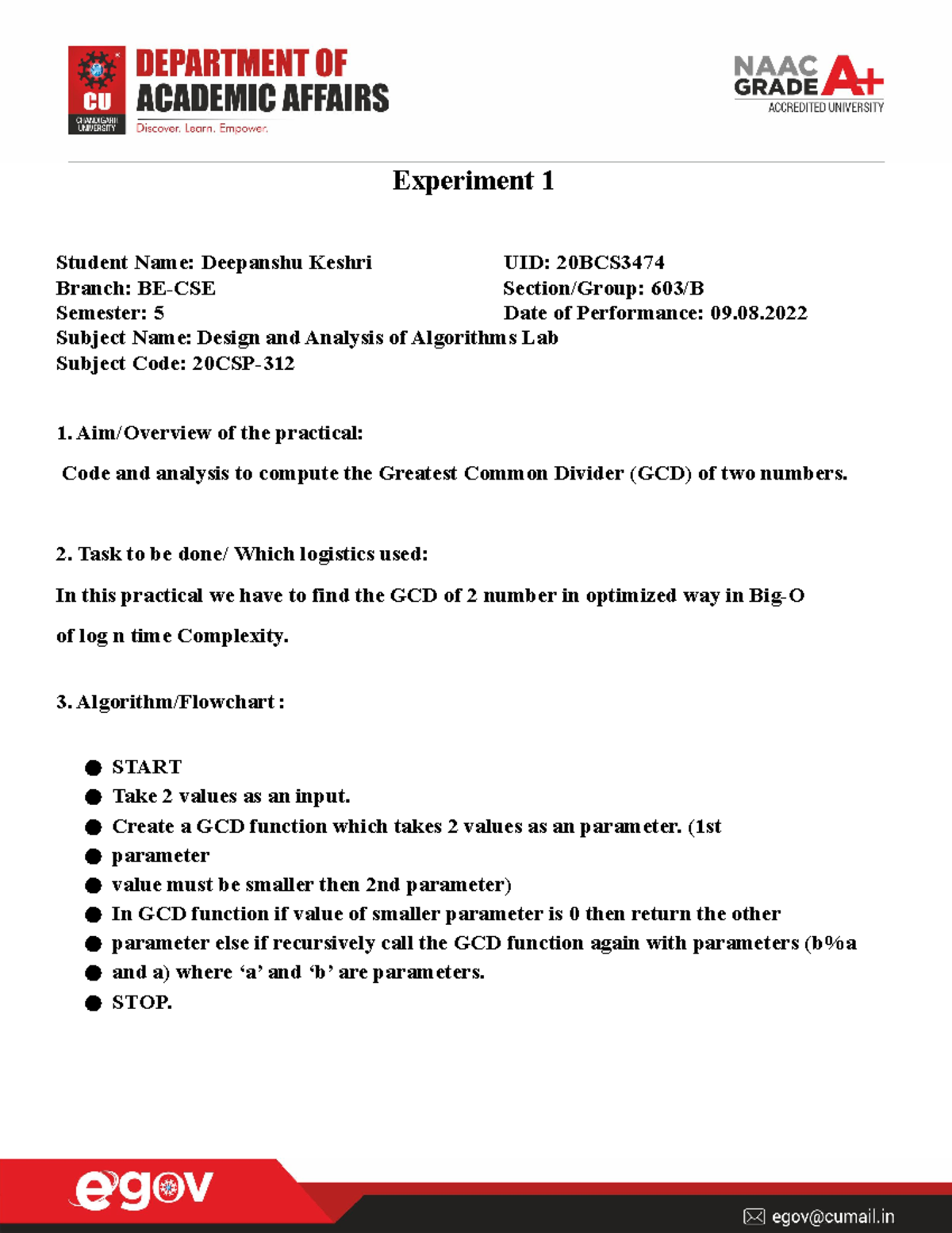 DAA-20BCS3474 Worksheet 1 - Experiment 1 Student Name: Deepanshu Keshri ...