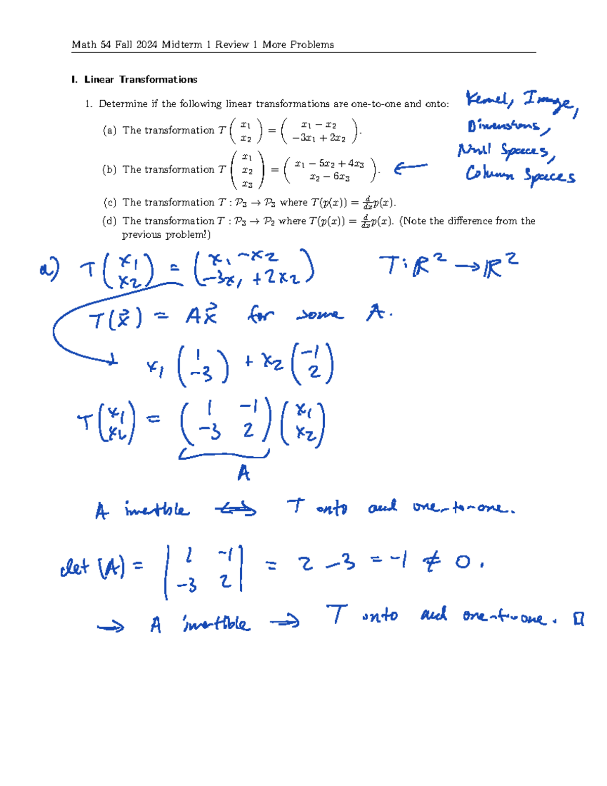 54F24 Midterm 1 More Practice 1 Annotated - Math 54 Fall 2024 Midterm 1 ...