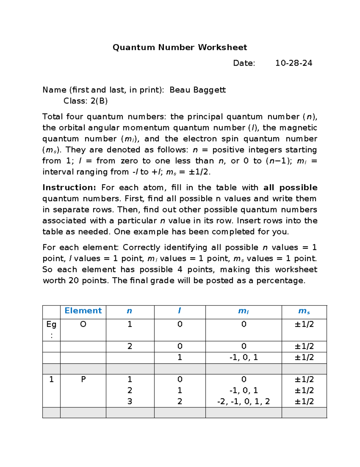 Quantum Number WS - goob - Quantum Number Worksheet Date: 10-28- Name ...