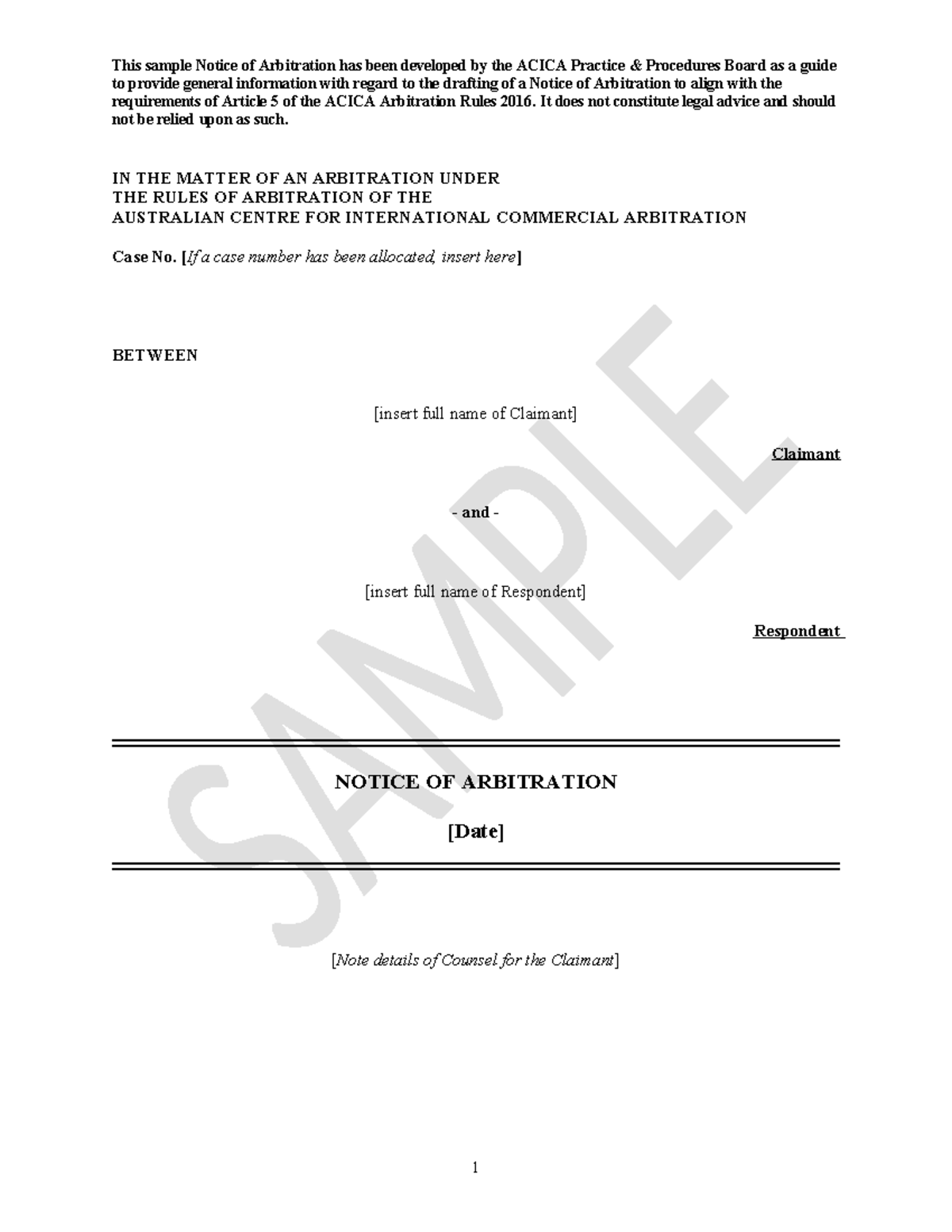 Acica Sample Notice of Arbitration - to provide general information ...