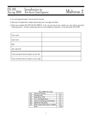 Cs 188 Spring 2022 Written Homework 1 - CS 188 Spring 2022 Introduction ...