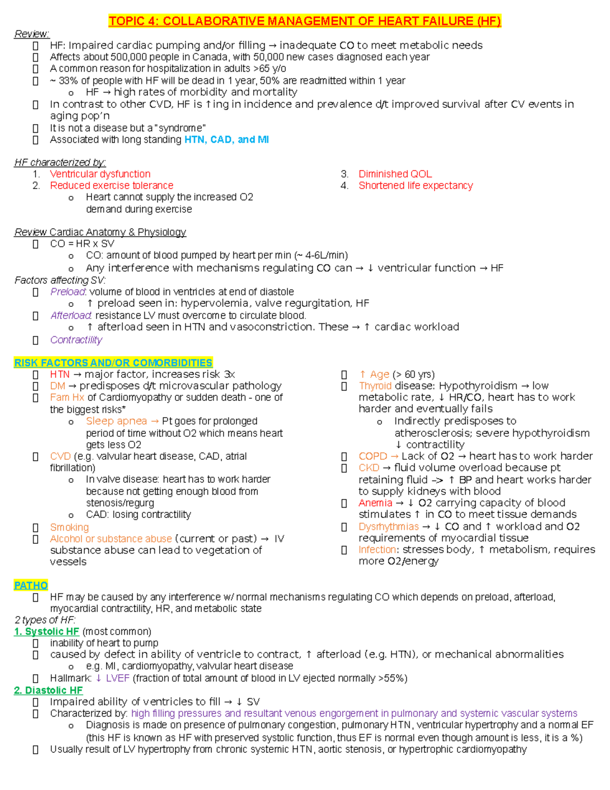 Topic 4 Heart Failure - notes - TOPIC 4: COLLABORATIVE MANAGEMENT OF ...
