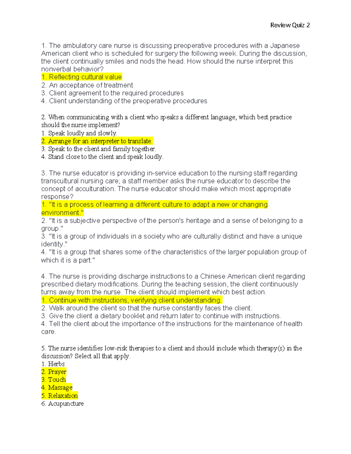 Quiz 2 Review - fldl - The ambulatory care nurse is discussing ...