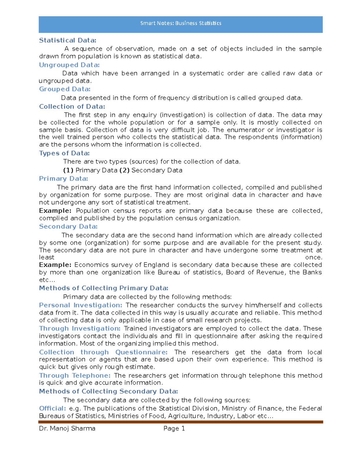 BS Smart Notes - GIVEN BY DR ATUL - Statistical Data: A sequence of ...