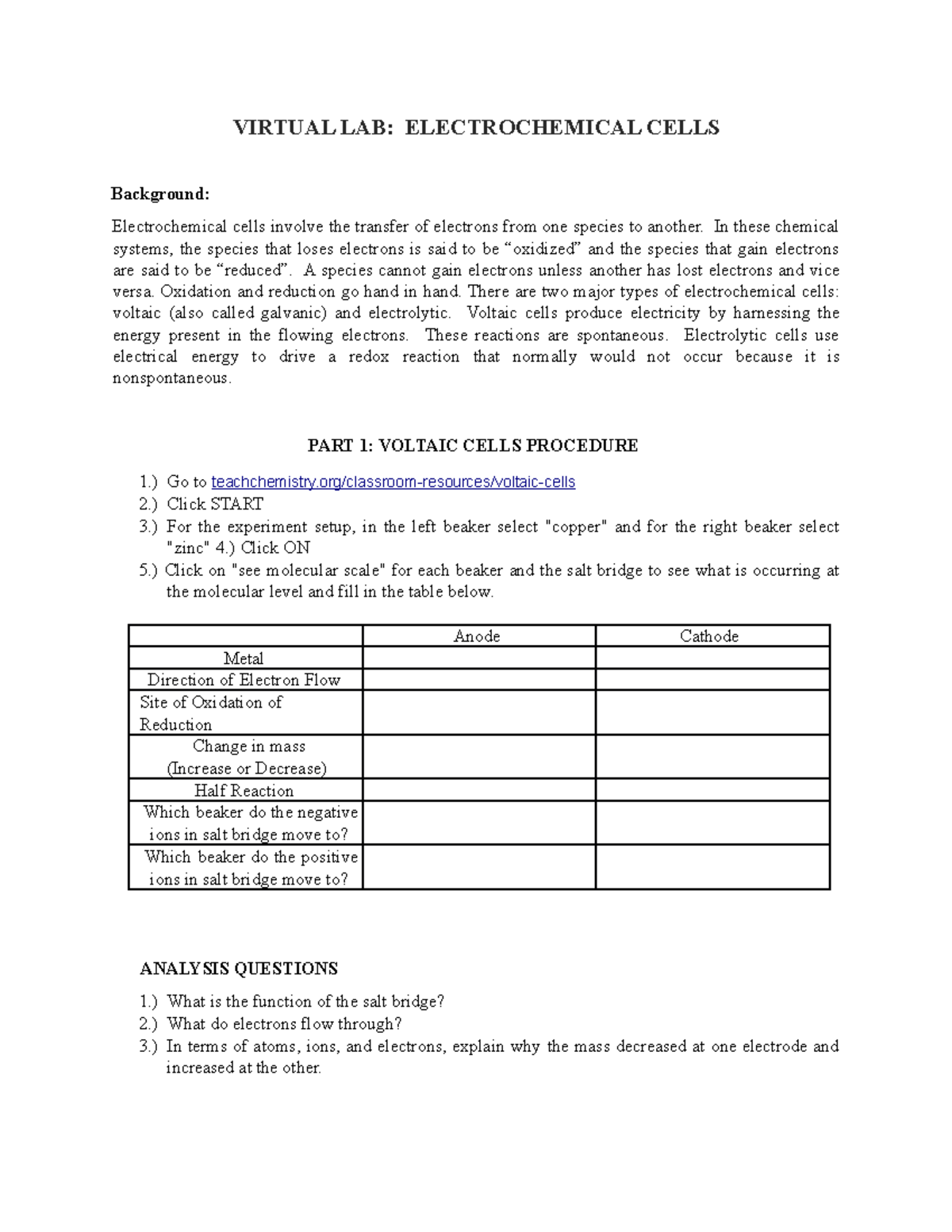 Virtual LAB Electrolysis 3 VIRTUAL LAB ELECTROCHEMICAL CELLS