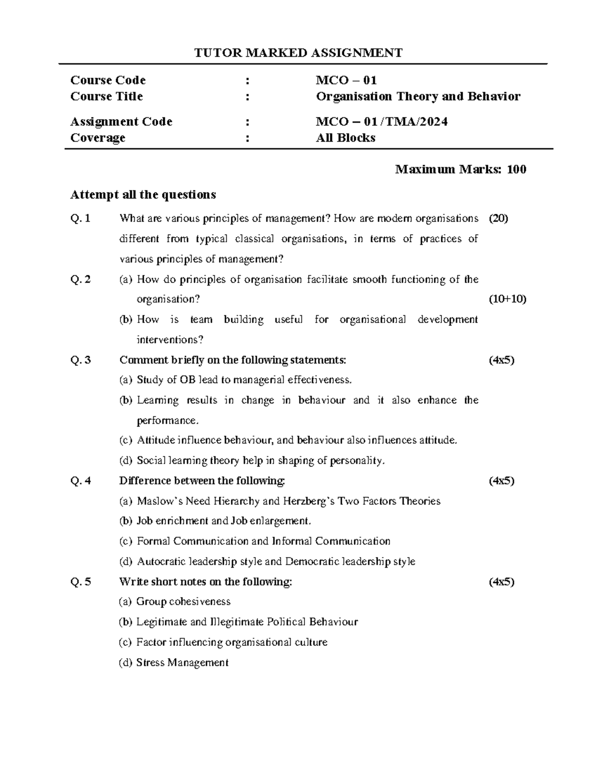 MCO-1 - TUTOR MARKED ASSIGNMENT Course Code : MCO – 01 Course Title ...