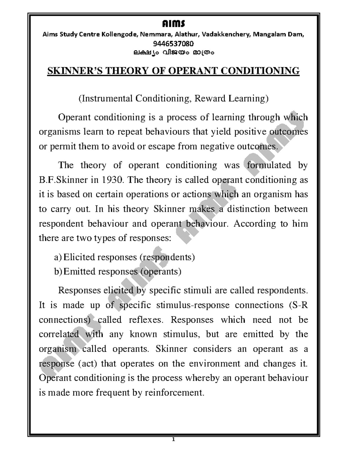 Skinner's theory - Its lecture note - Aims Study Centre Kollengode ...