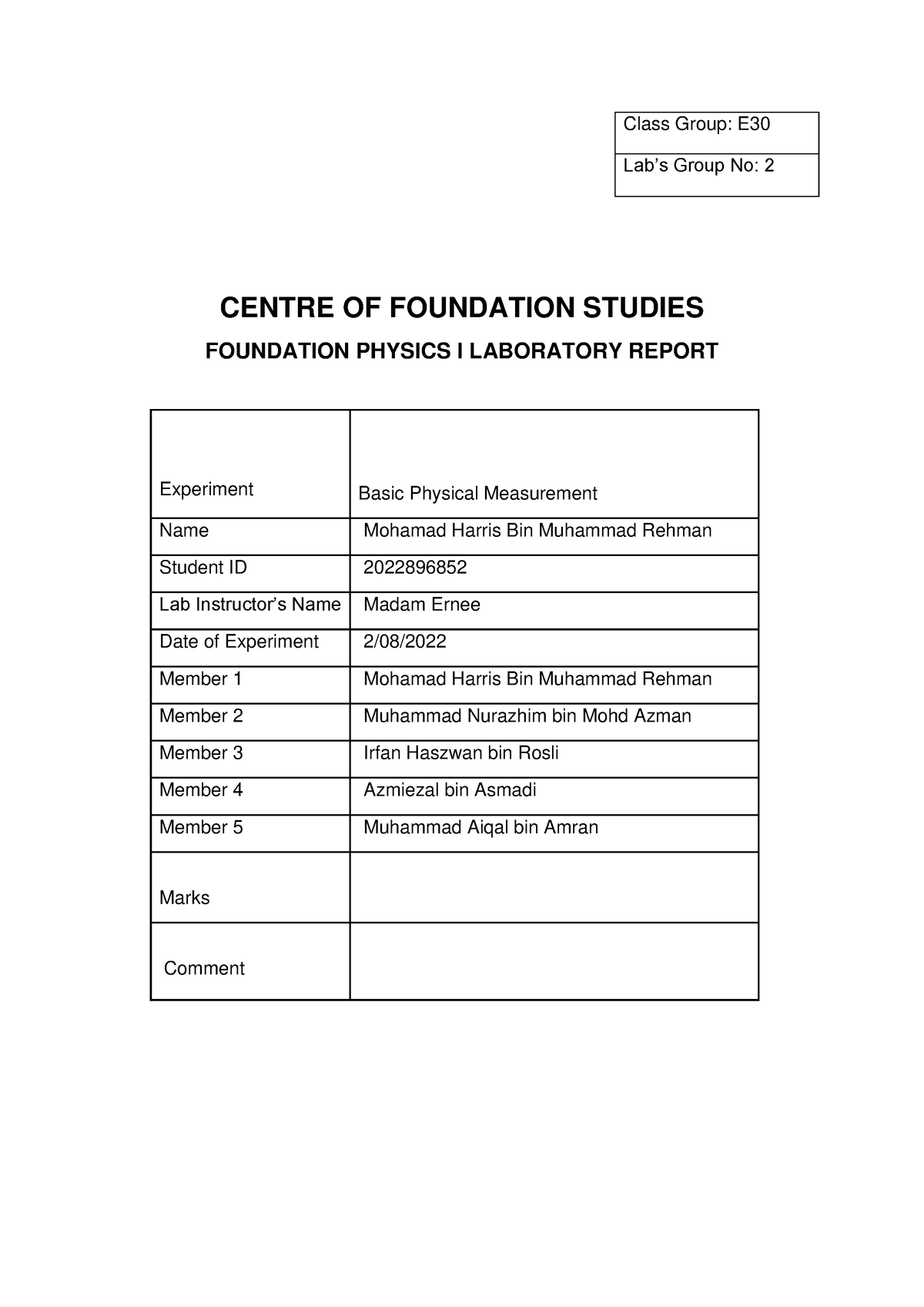 LAB Report Physics (updated) - Class Group: E Lab’s Group No: 2 CENTRE ...