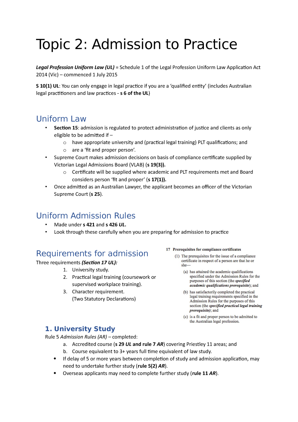 Week 2 Lecture notes ethics Topic 2 Admission to Practice Legal Profession Uniform Law (UL