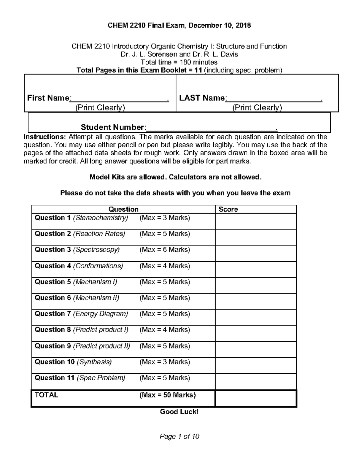 Final Exam 2018, questions - CHEM 2210 Introductory Organic Chemistry I ...