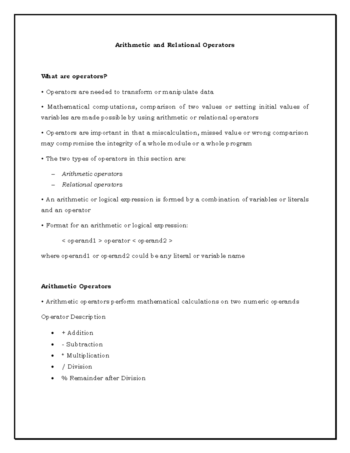 Arithmetic and Relational Operators - Expressions with mixed operands ...