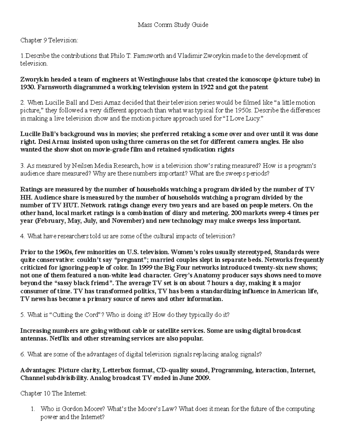 Mass Comm Study Guide - Mass Comm Study Guide Chapter 9 Television: 1 ...