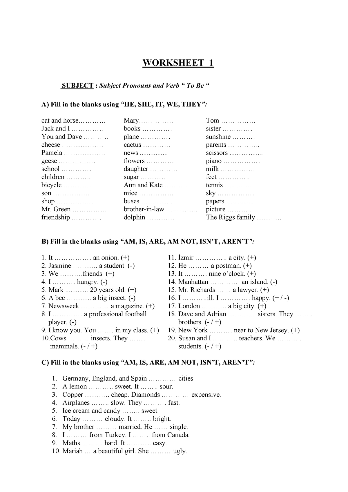 Ejercicios De Verb To Be In Present Simple WORKSHEET 1 SUBJECT 