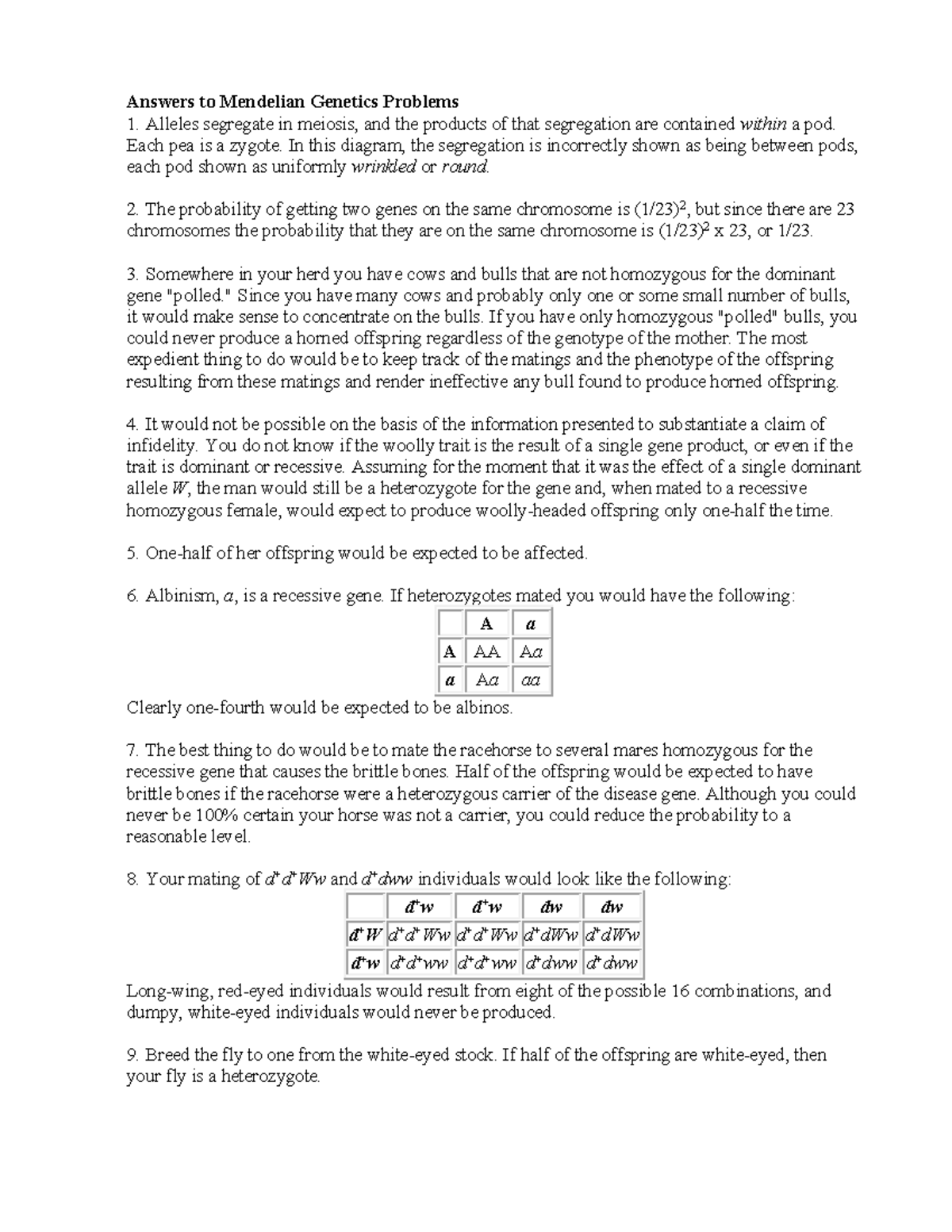 Answers to Mendelian Genetics Problems - Answers to Mendelian Genetics ...