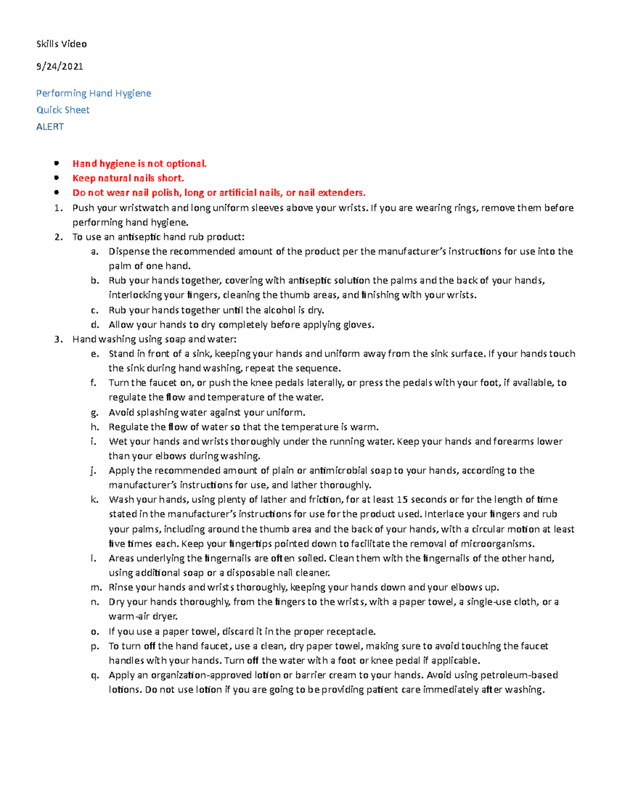 09FC Skills VIdeo Performing Hand Hygiene Skills Video 9/24