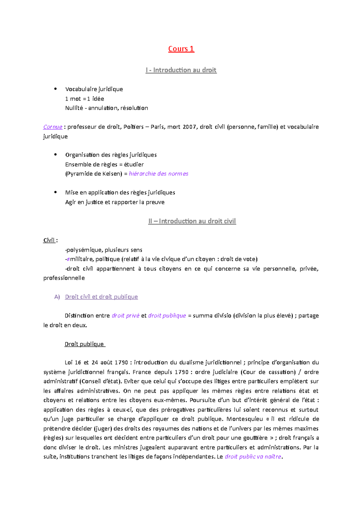 Droit Civil Cours 1 - Cours 1 I - Introduction Au Droit Vocabulaire ...