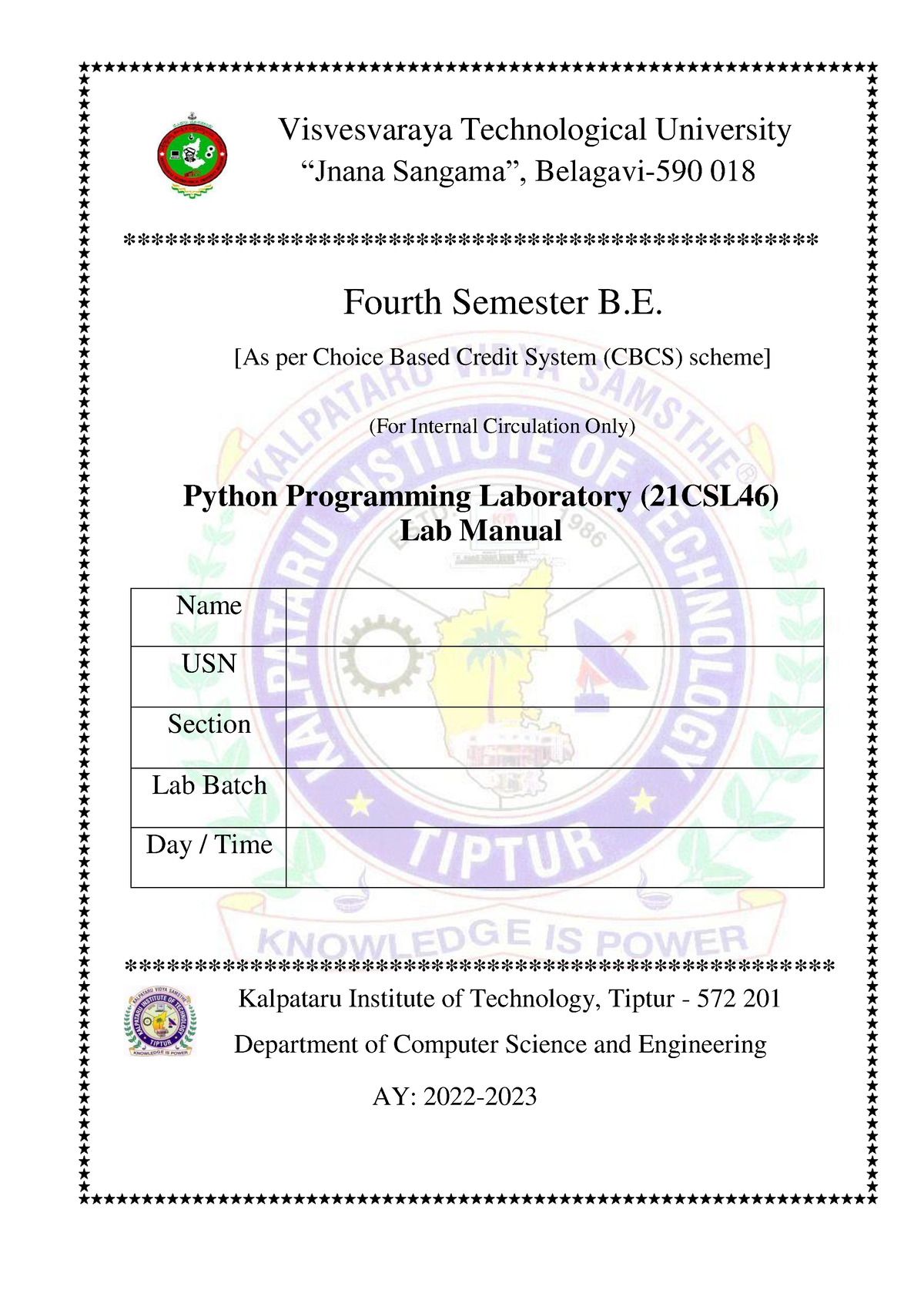 21CSL46 Python Programming Lab Manual - [As Per Choice Based Credit ...