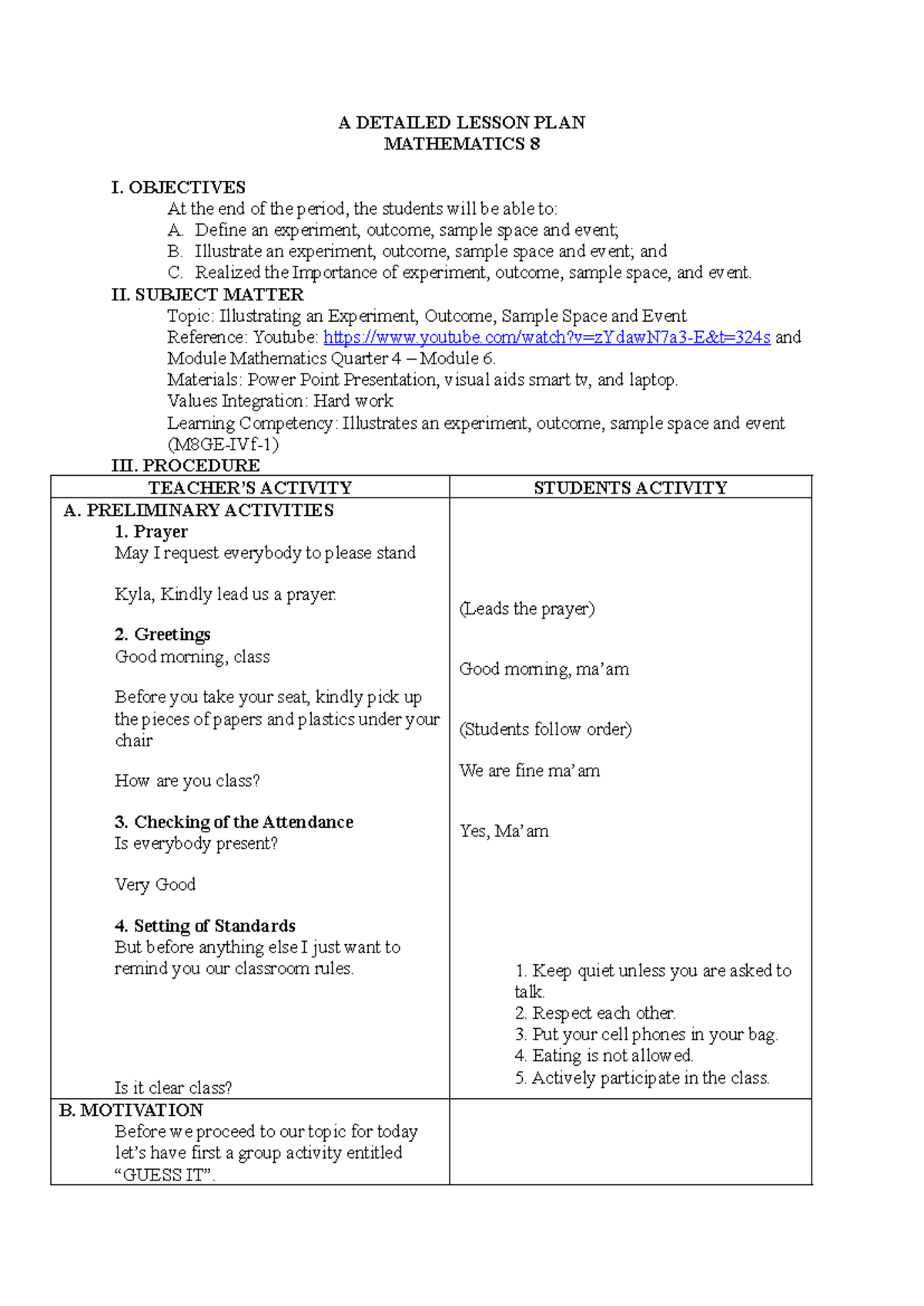 DEMO- Final - A DETAILED LESSON PLAN MATHEMATICS 8 I. OBJECTIVES At the ...