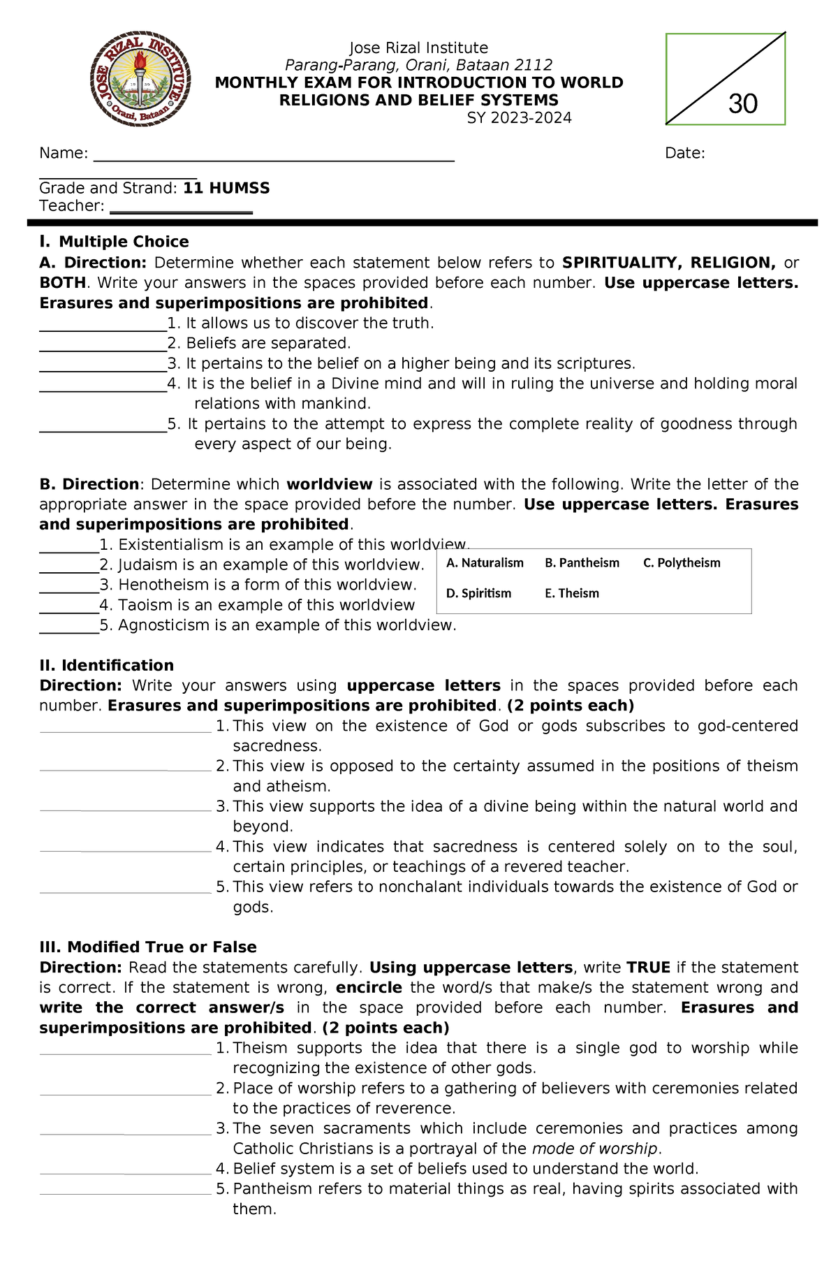 Religion 3rd Grading Monthly Exam - Jose Rizal Institute Parang-Parang ...