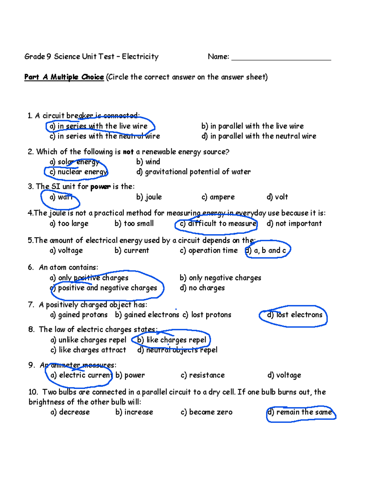 Electricity Test 1 - Grade 9 Science Unit Test – Electricity Name