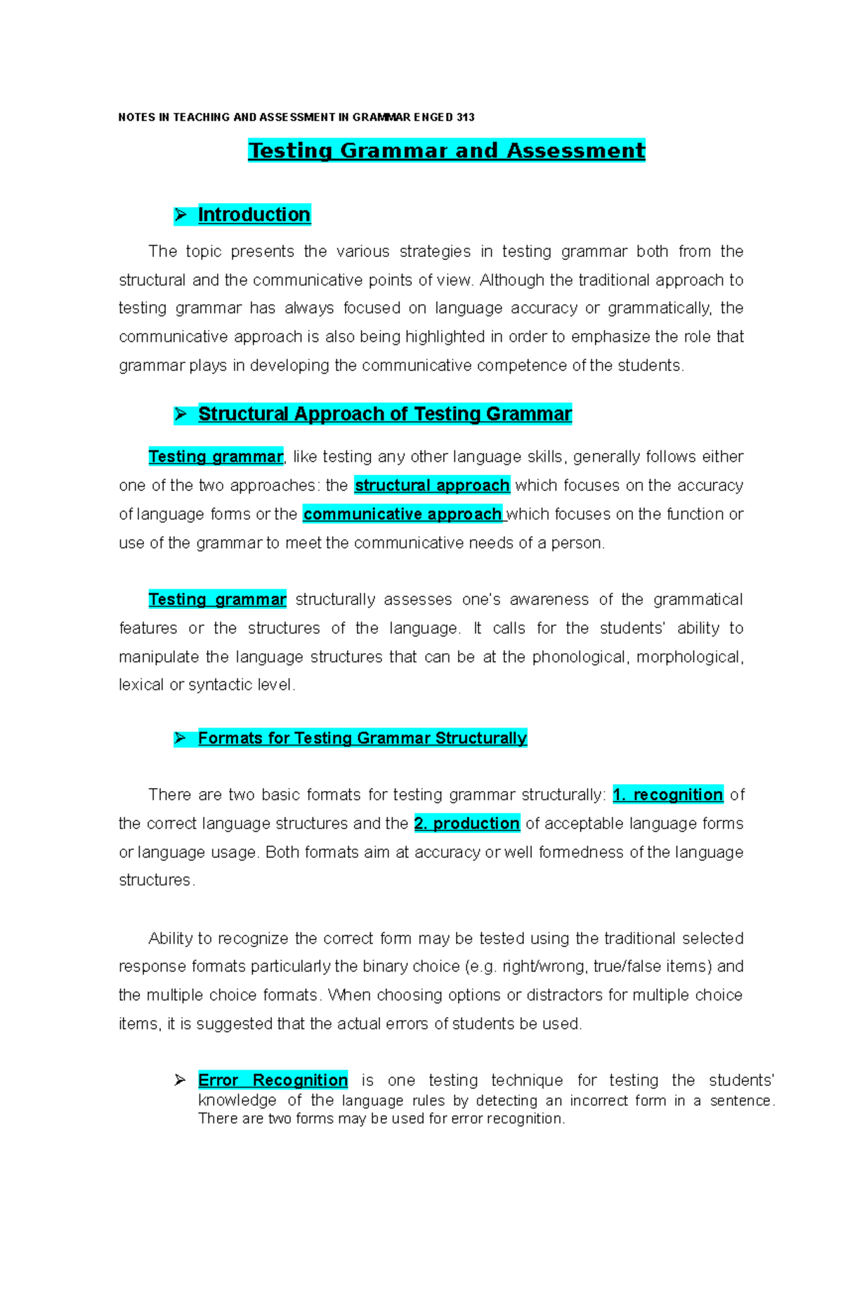 Testing Grammar and Assessment - NOTES IN TEACHING AND ASSESSMENT IN ...