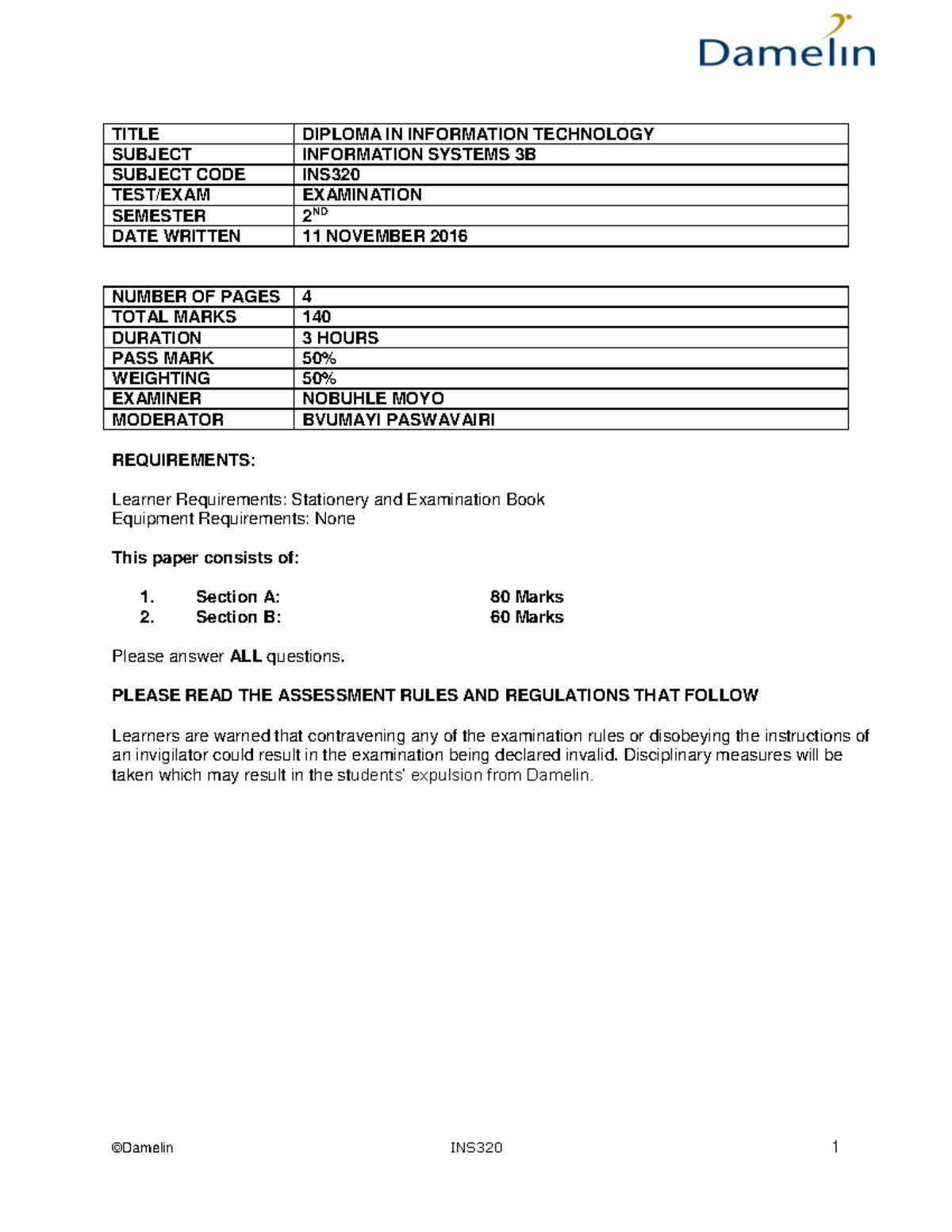 Information System 3B - All year 3 test and exams with memo - TITLE ...