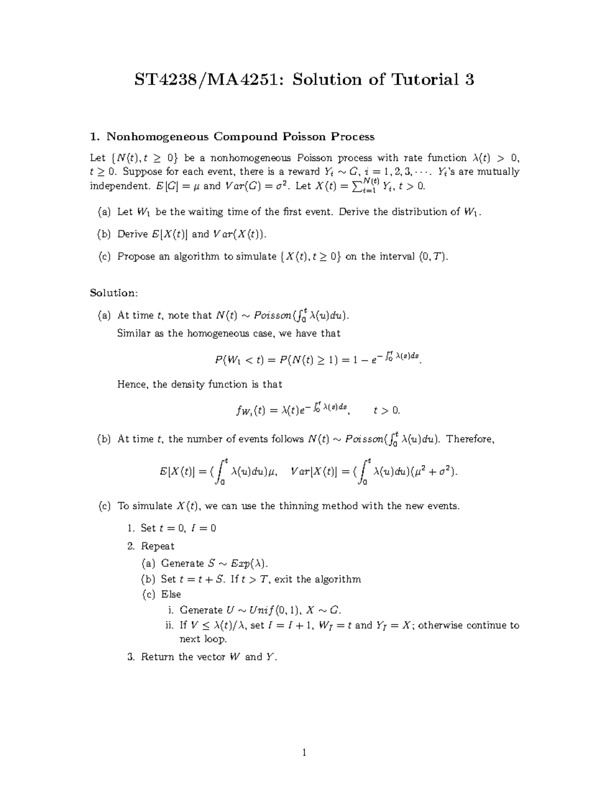 Stochastic Processes 2 - Sol3 - ST4238/MA4251: Solution Of Tutorial 3 1 ...