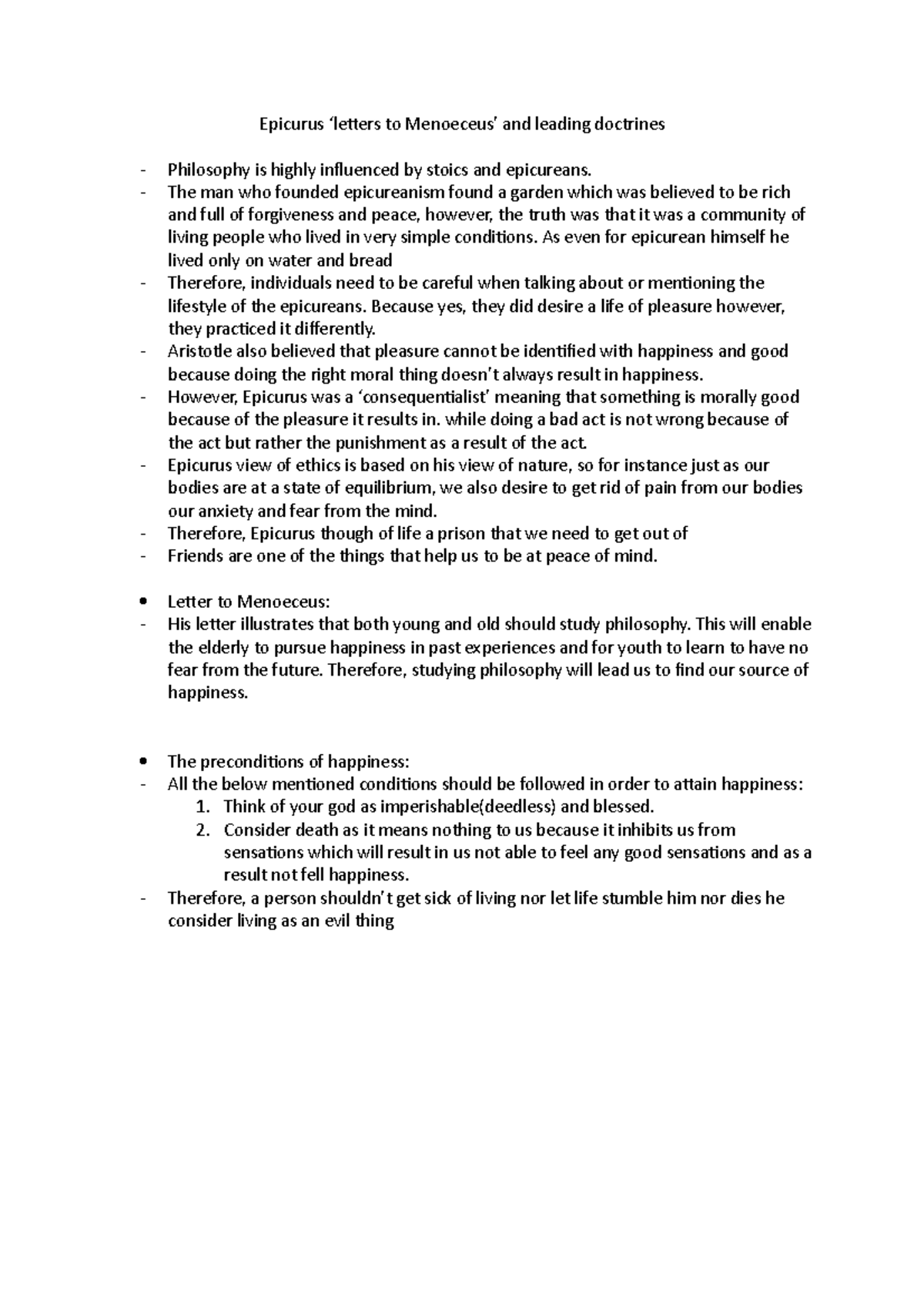 Weekly readings summary - Epicurus ‘letters to Menoeceus’ and leading ...