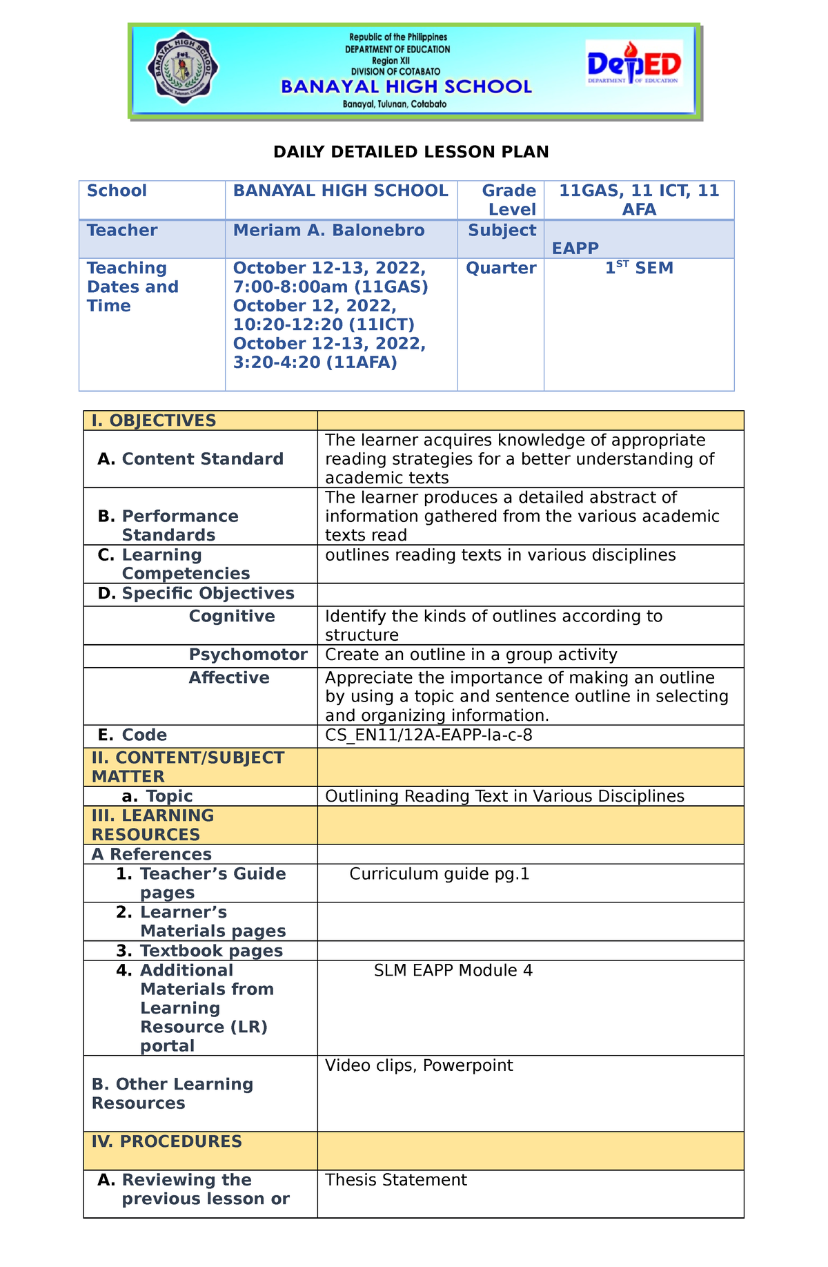 LP Outlining Lesson Plan For EAPP For Grade 11 Students DAILY 