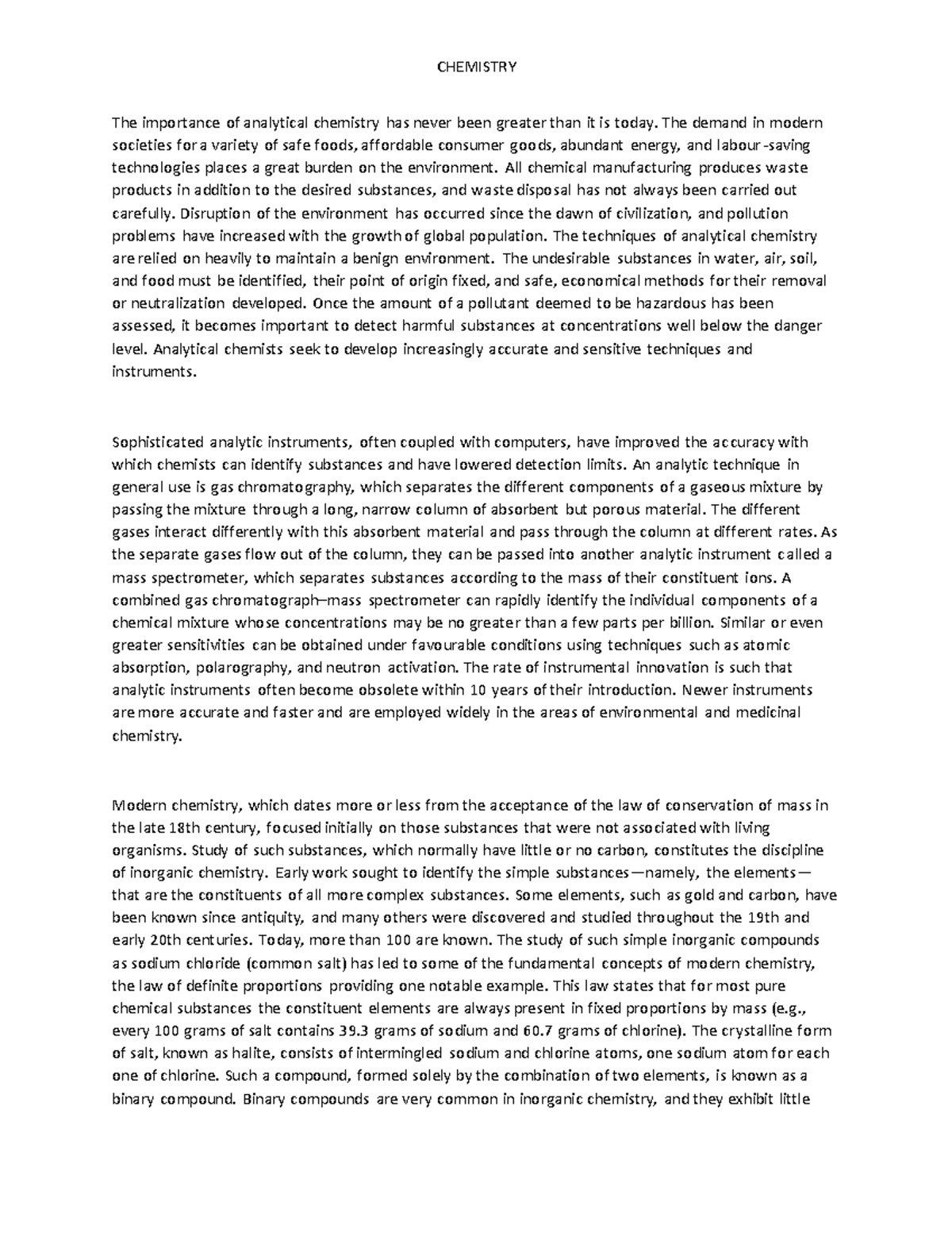 Chemistry 4 - Notes - CHEMISTRY The importance of analytical chemistry ...