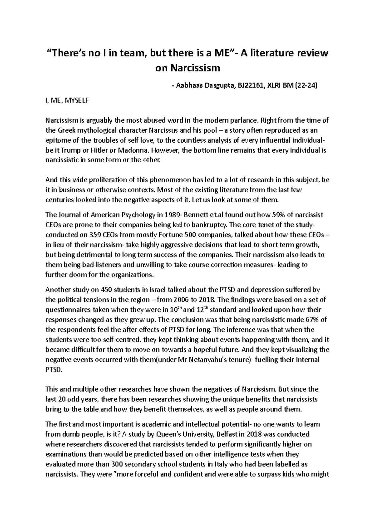 OB assignment - lit review on narcissism - “There’s no I in team, but ...