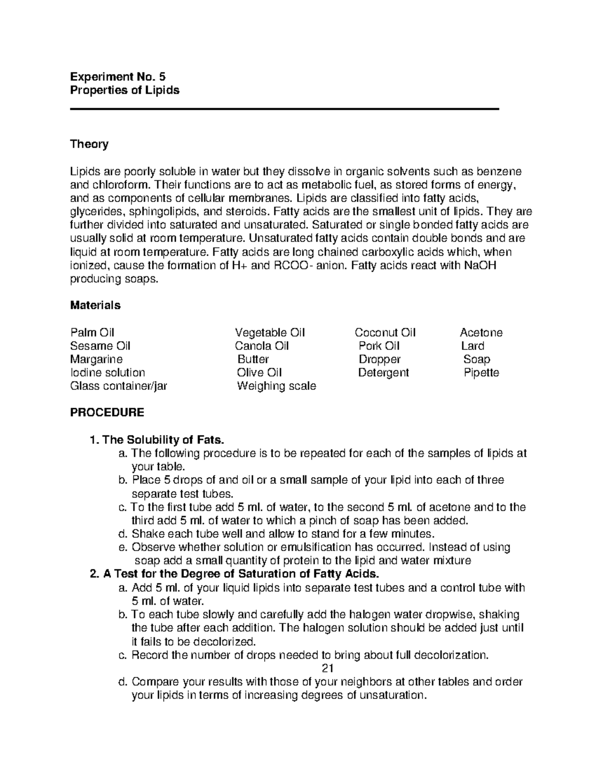 Properties of Lipids Experiment No. 5 Properties of Lipids Studocu
