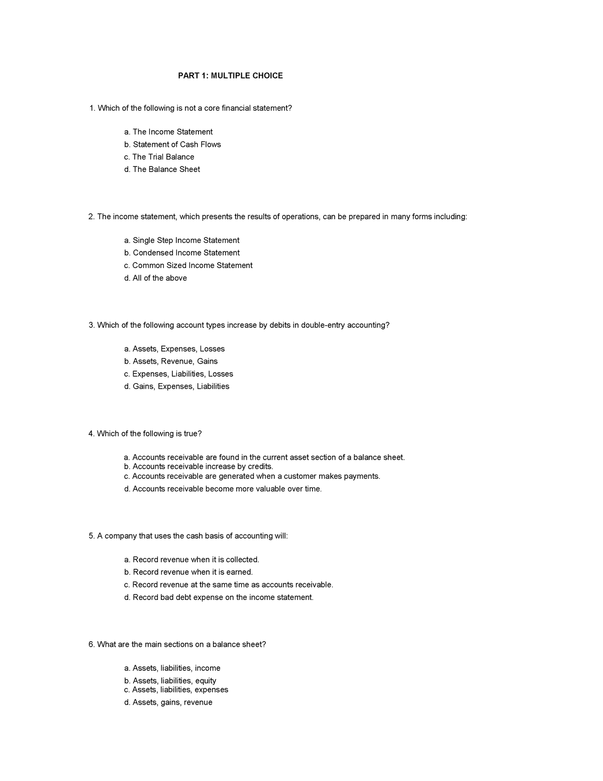 Basic Accounting Exam - PART 1: MULTIPLE CHOICE Which Of The Following ...