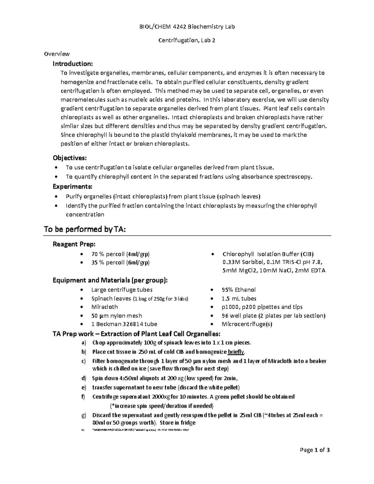 02 BC Lab Centrifugation Lab protocol BIOL/CHEM 4242 Biochemistry Lab