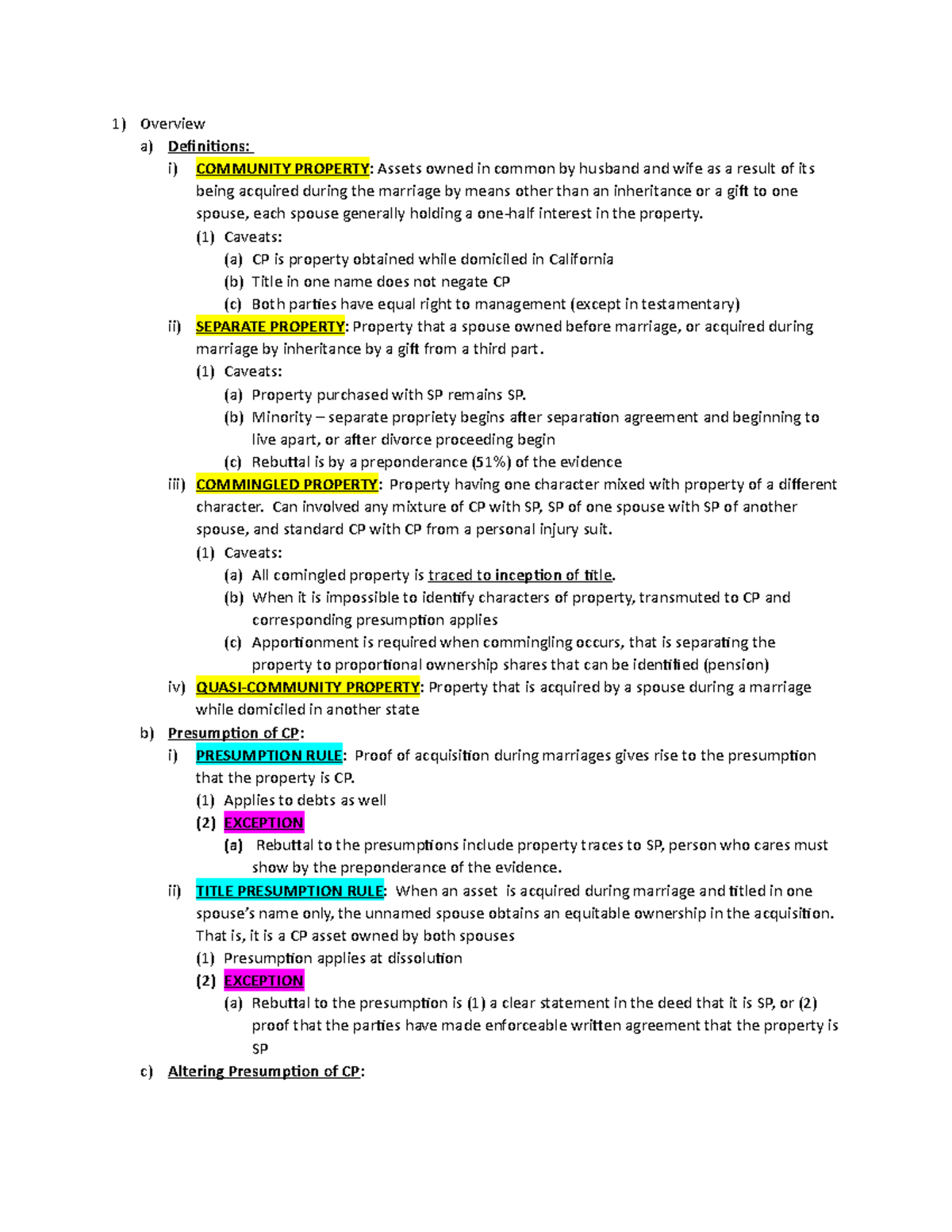 Community Property Outline Overview a) Definitions i) COMMUNITY