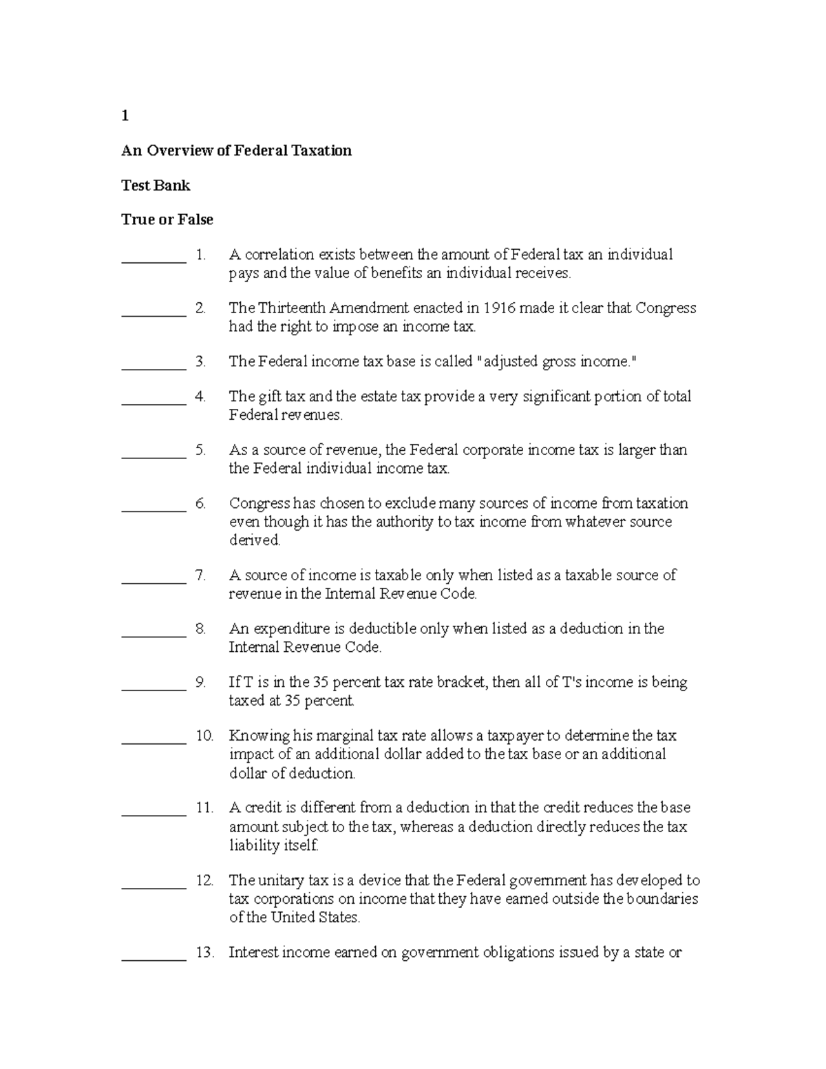 Inst Resource & Test Bank Ch 01 - 1 An Overview of Federal Taxation ...