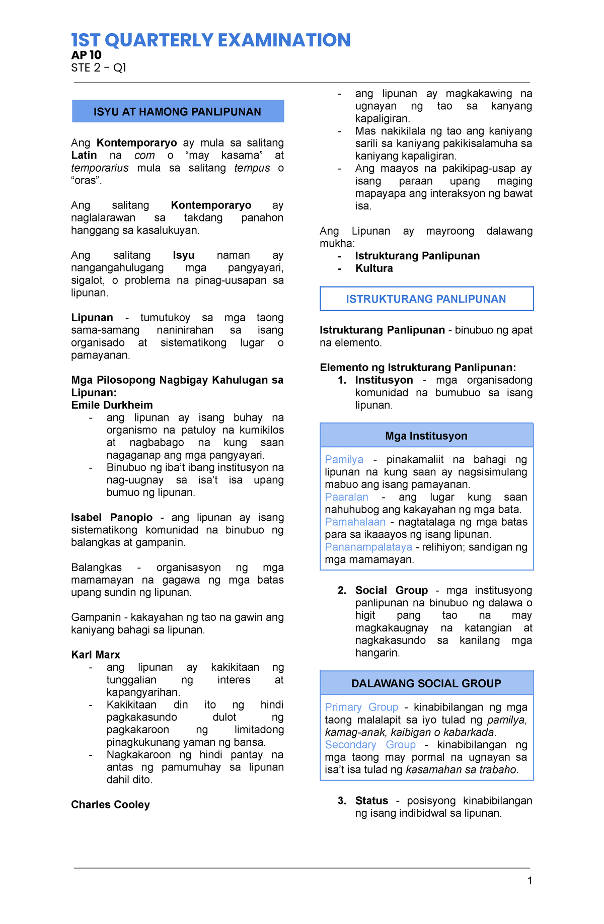 AP Reviewer - AP10Q1 - 1ST QUARTERLY EXAMINATION AP 10 STE 2 - Q ISYU ...