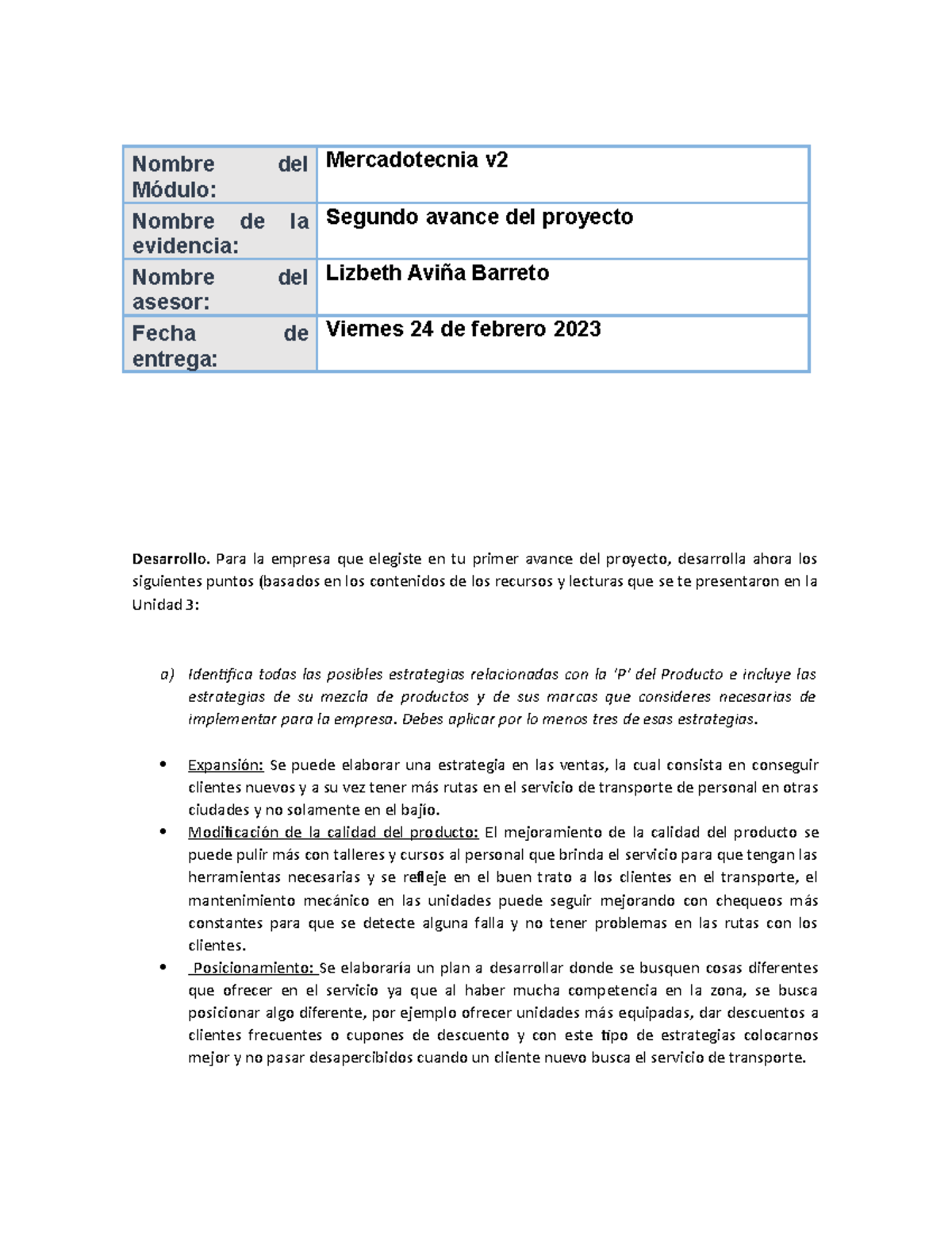 Segundo Avance Del Proyecto - Nombre Del Módulo: Mercadotecnia V Nombre ...