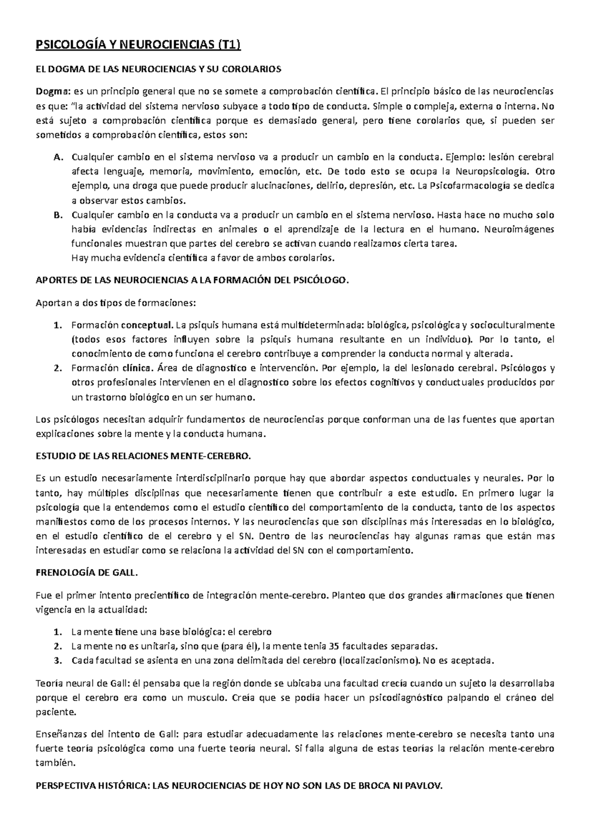 Resumen 1 - primer parcial neuro - PSICOLOGÍA Y NEUROCIENCIAS (T1) EL ...