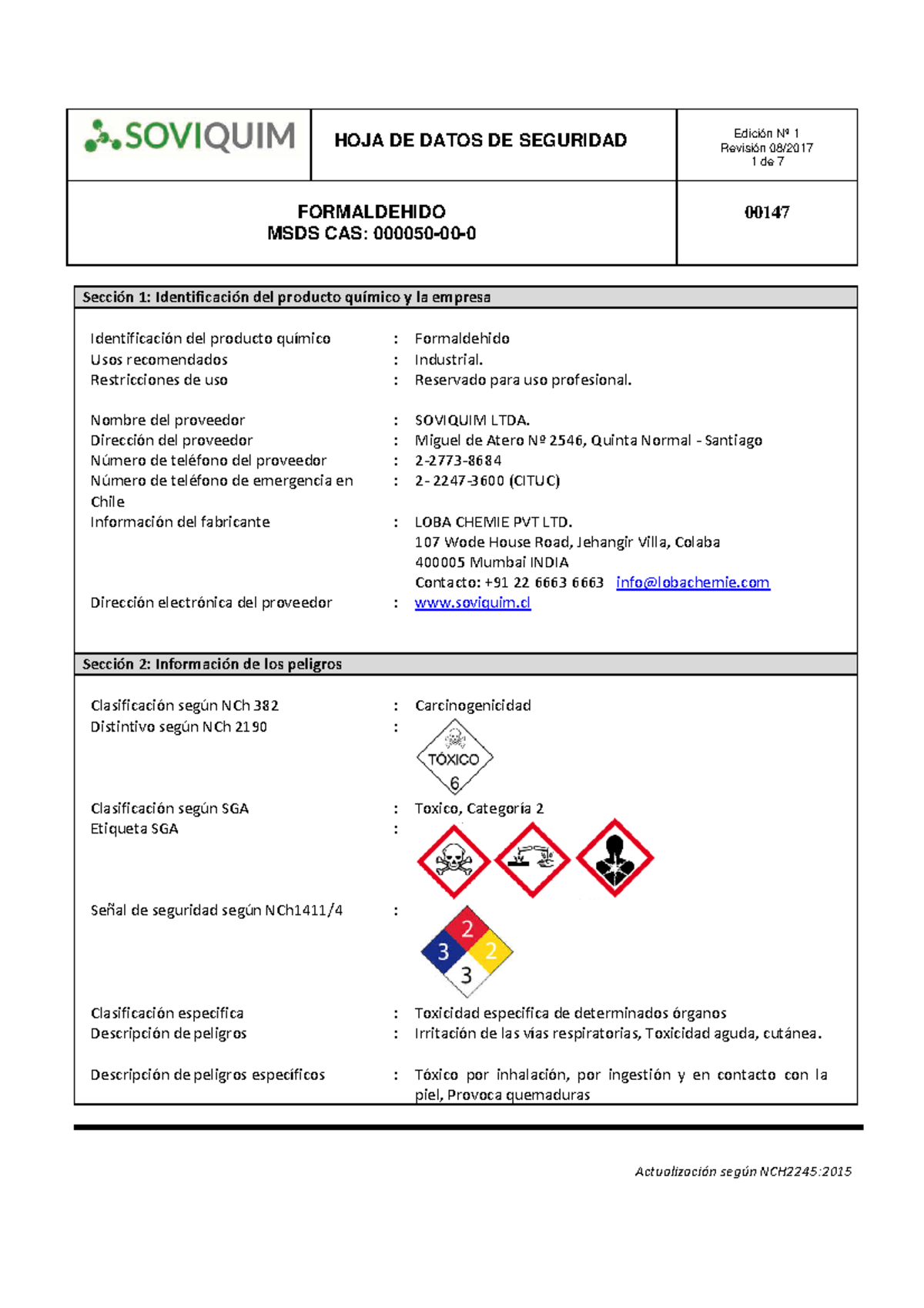 Formaldehido 00147 Ejemplo 1 De 7 FORMALDEHIDO MSDS CAS 000050 