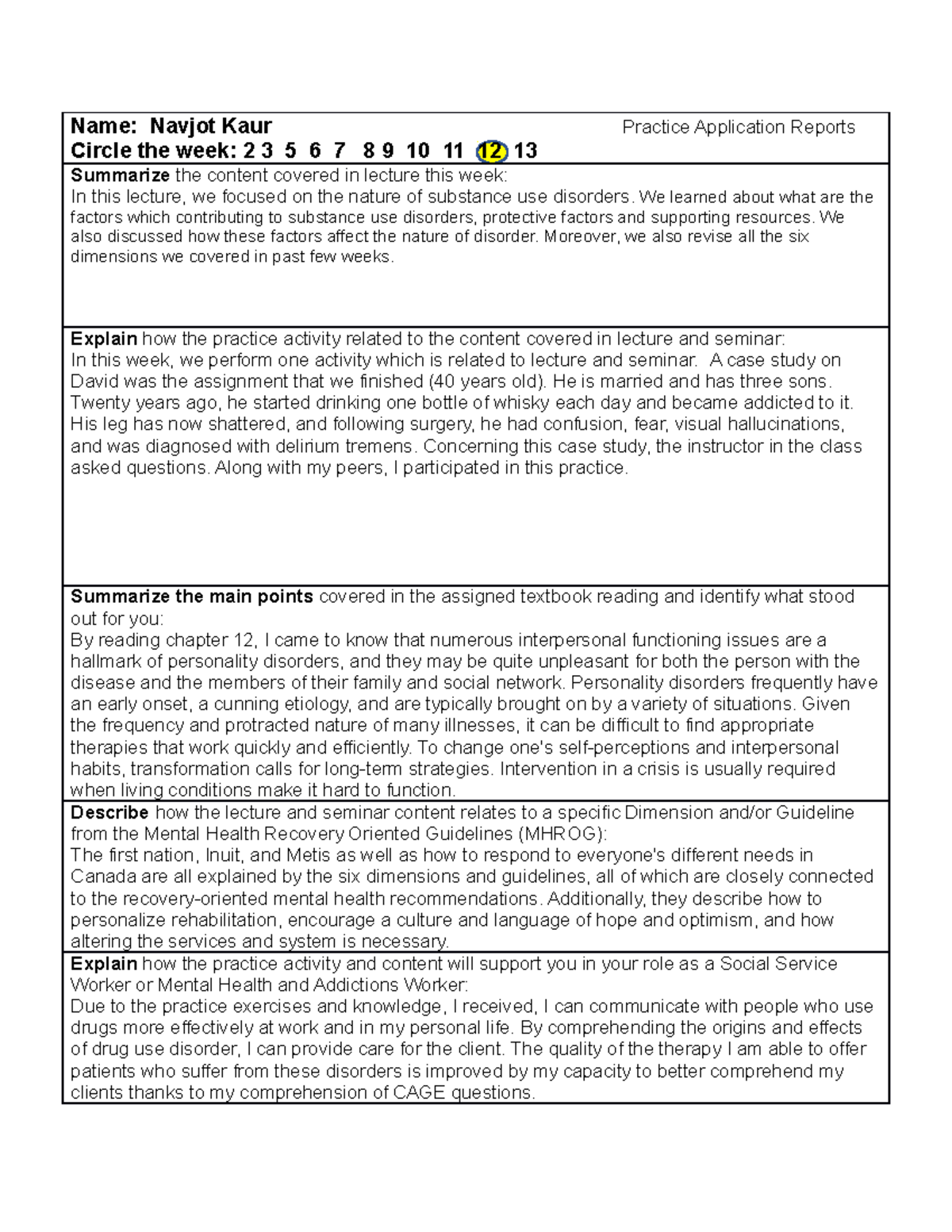 PAR form1 (2) - par week 12 - Name: Navjot Kaur Practice Application ...