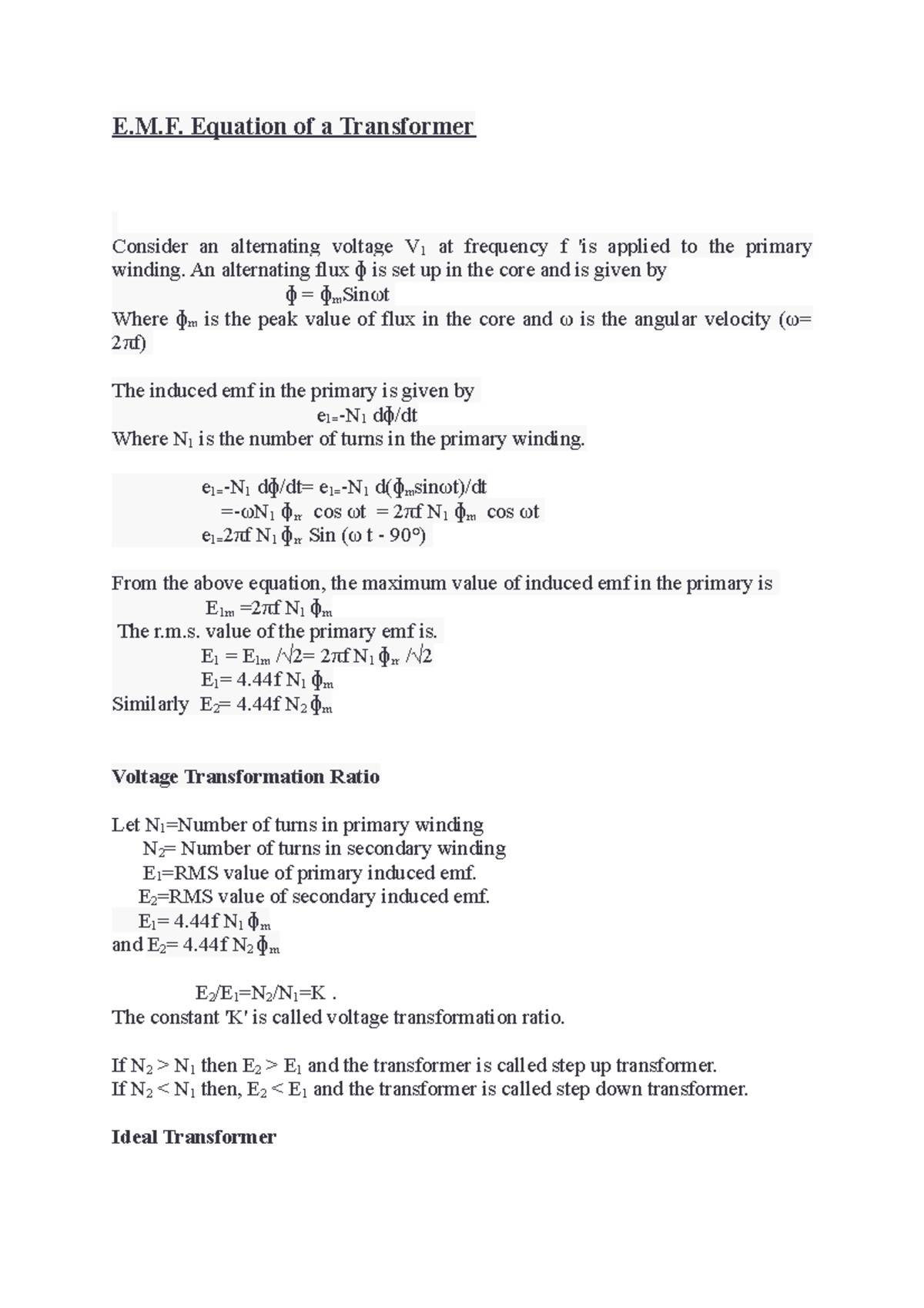 Emf Equation Of Transformer Em Equation Of A Transformer Consider An Alternating Voltage V 1 8603