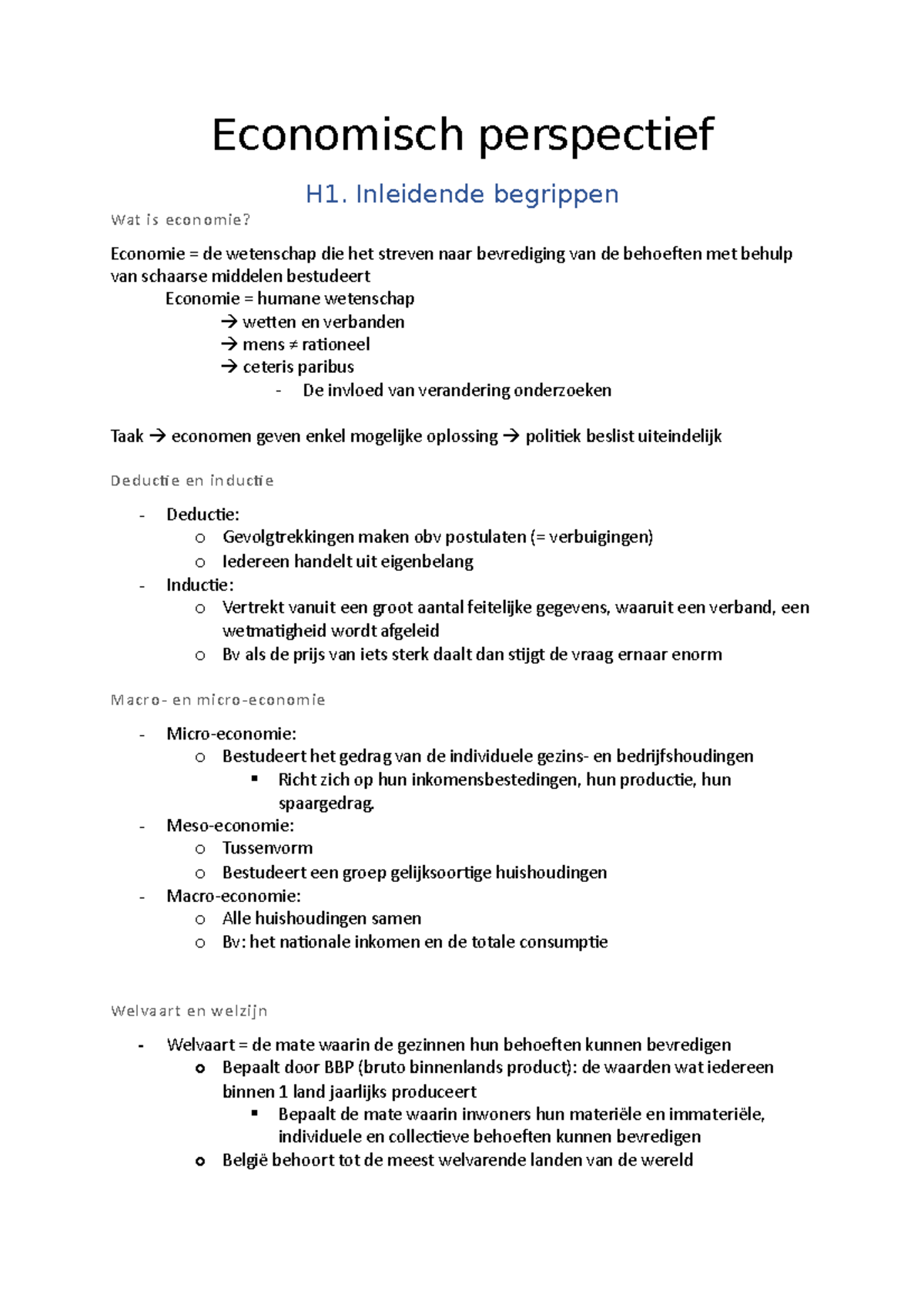 Economie Samenvatting - Economisch Perspectief H1. Inleidende Begrippen ...