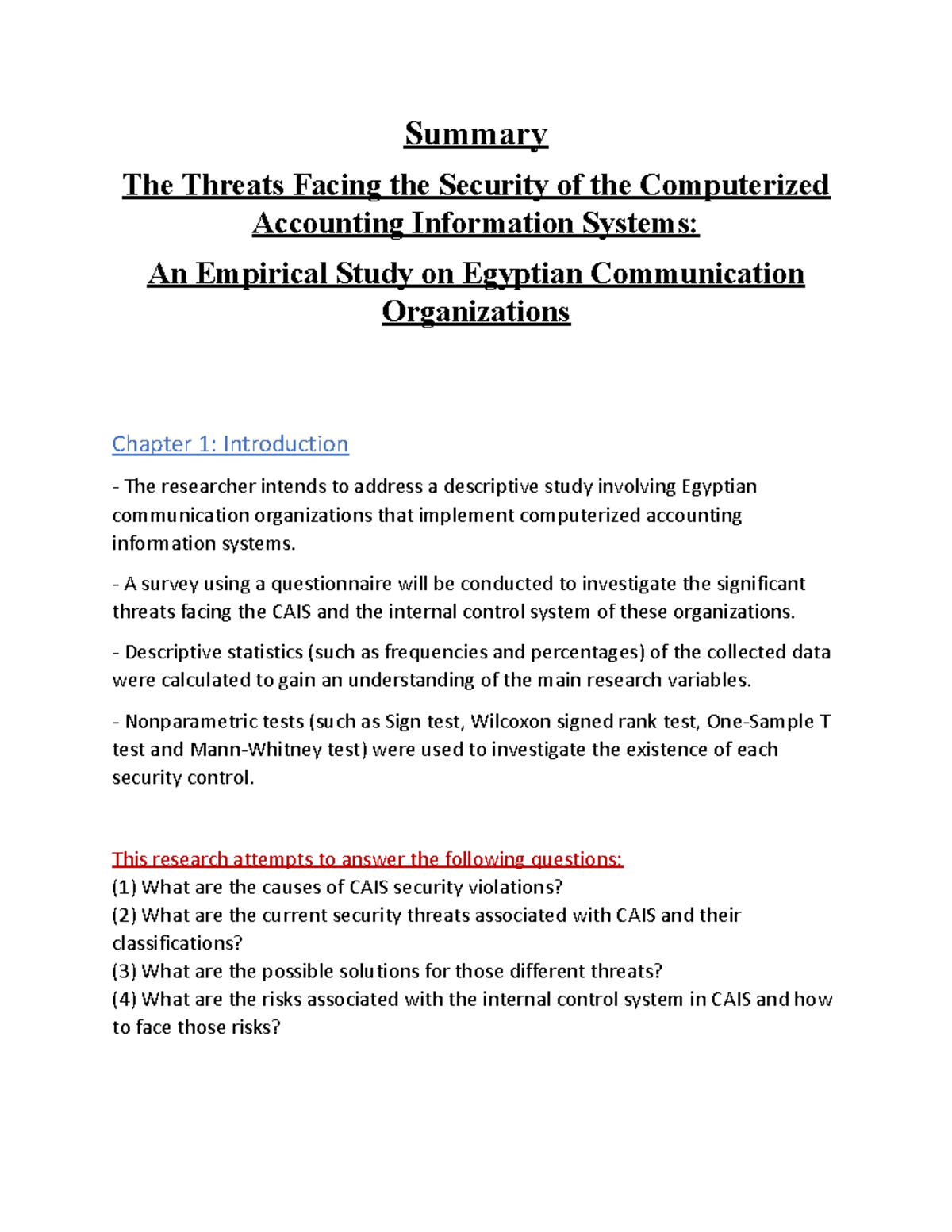 CAIS - assignment work - Summary The Threats Facing the Security of the ...
