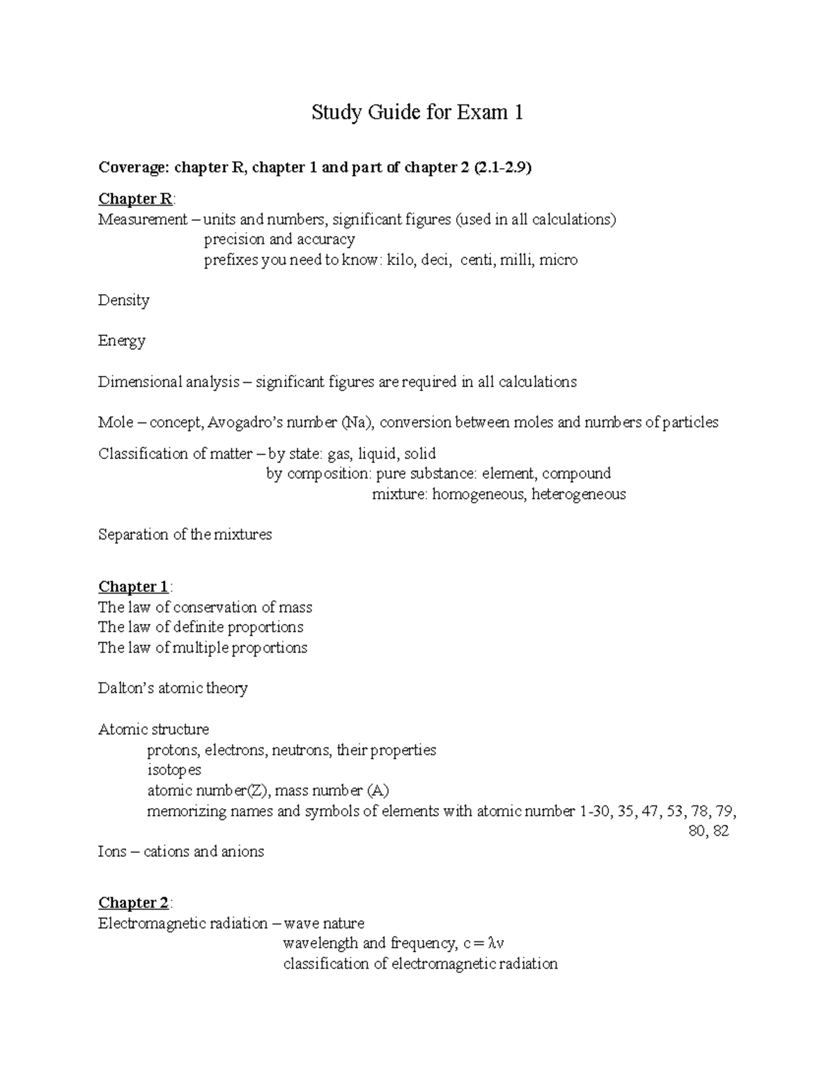 Study Guide Exam 1 - Study Guide for Exam 1 Coverage: chapter R ...
