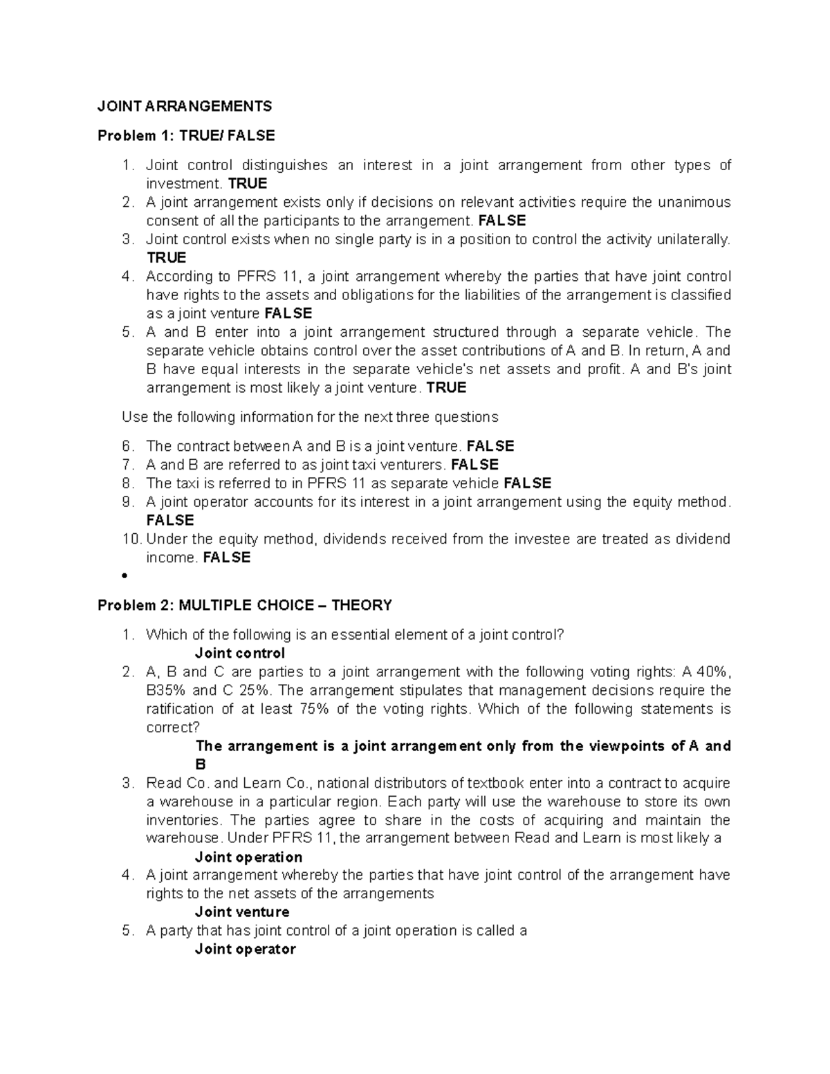 Joint Arrangements key 1 - JOINT ARRANGEMENTS Problem 1: TRUE/ FALSE ...