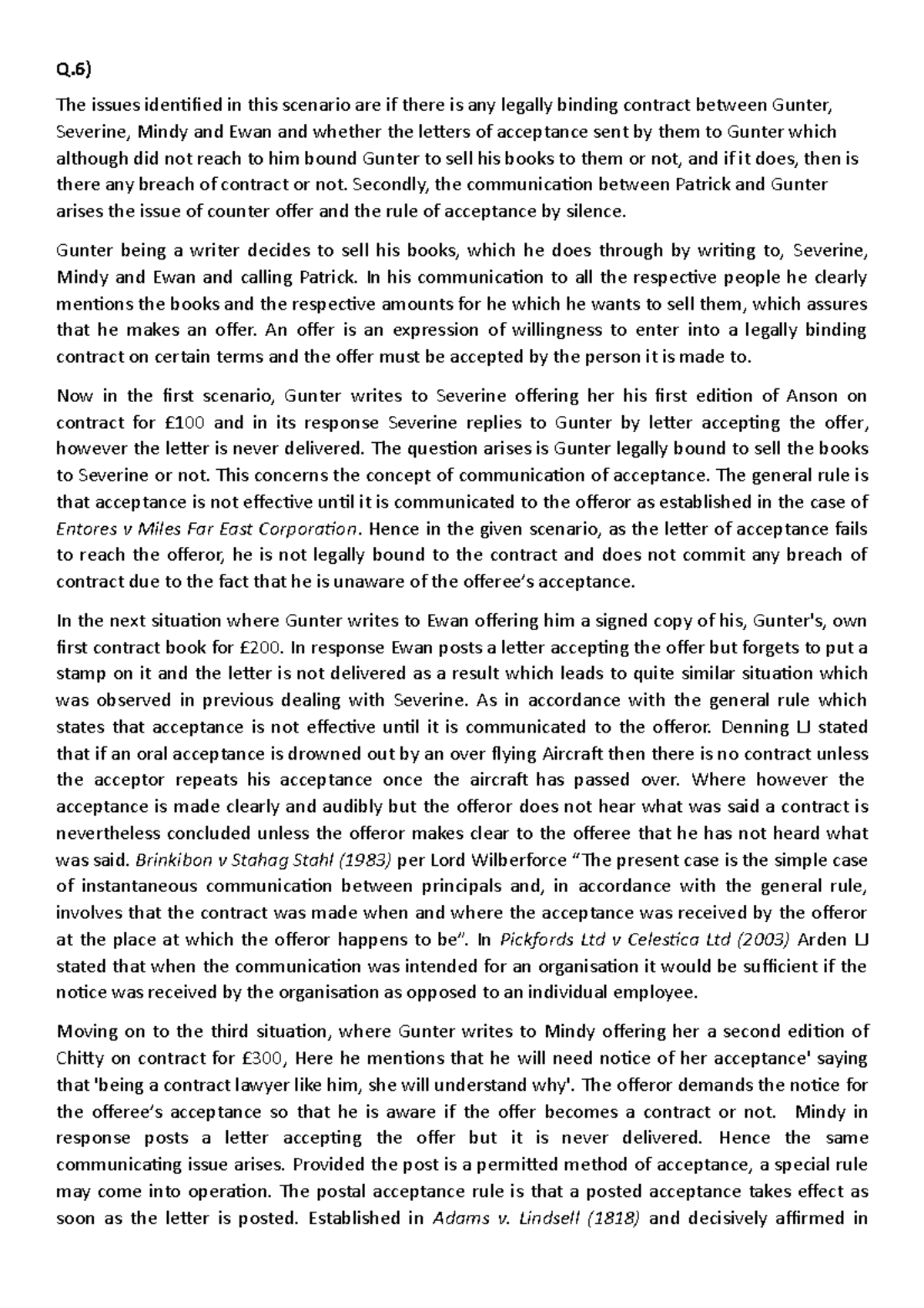 Contract law question sample answer - Q) The issues identified in this ...