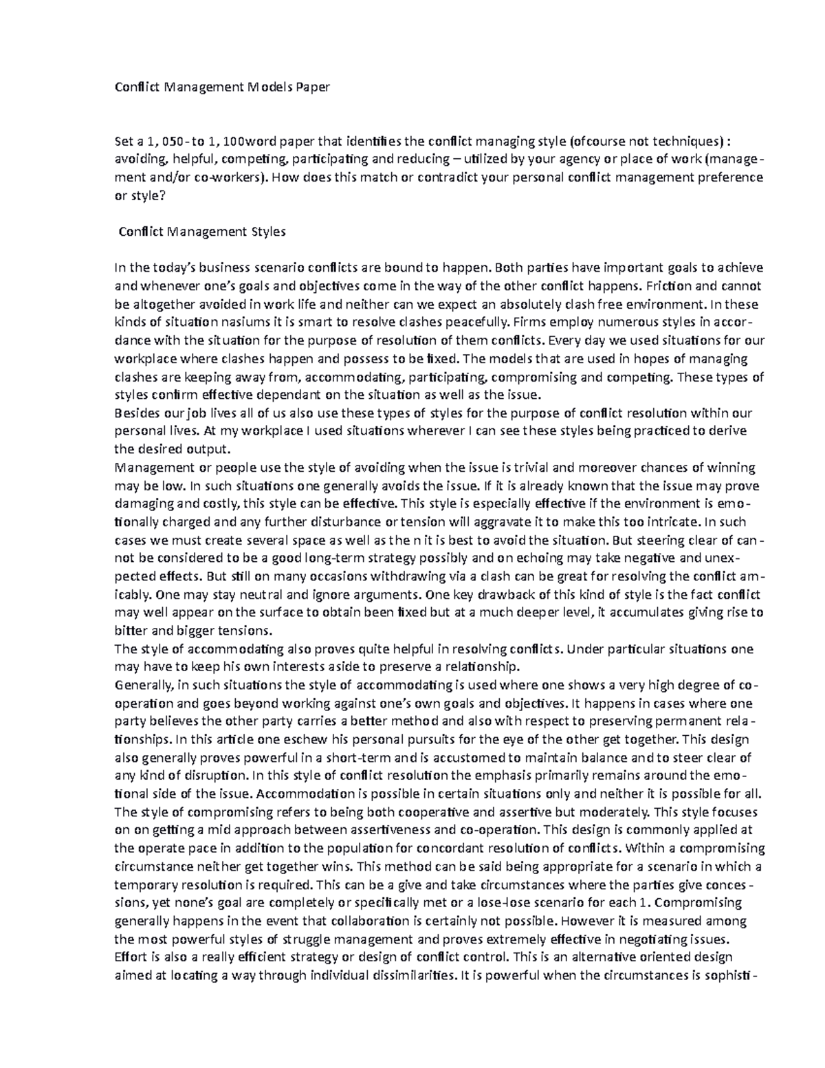 CJA 444 Week 3 Conflict Management Styles Paper 1 - Conflict Management ...