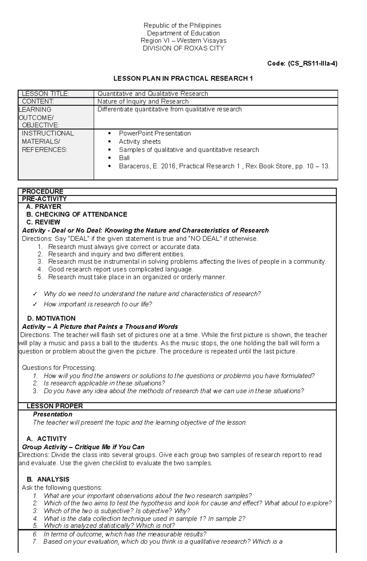 Lesson plan in practical research 1 - Republic of the Philippines ...